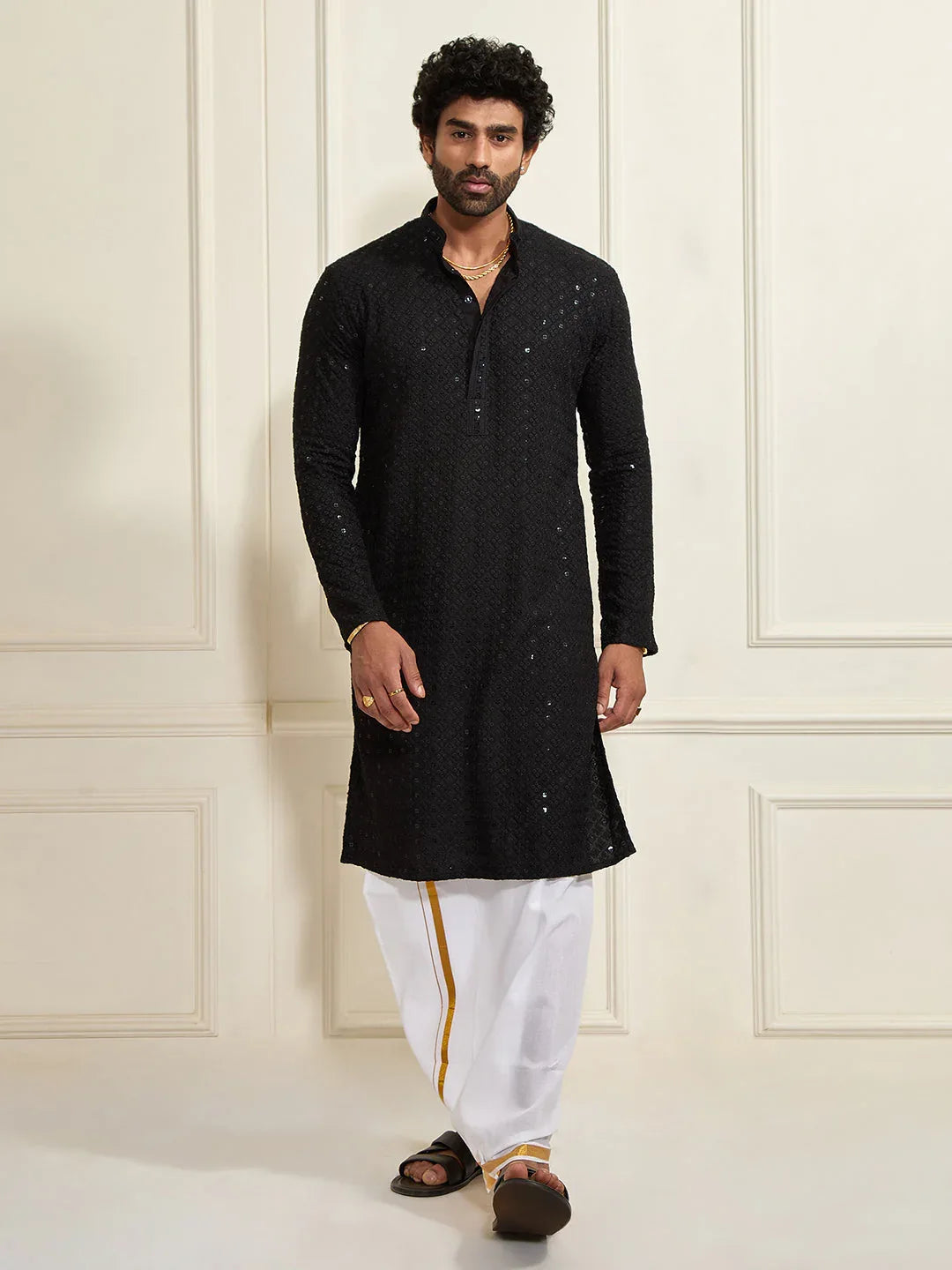 Men's Black Rayon Cotton Kurta