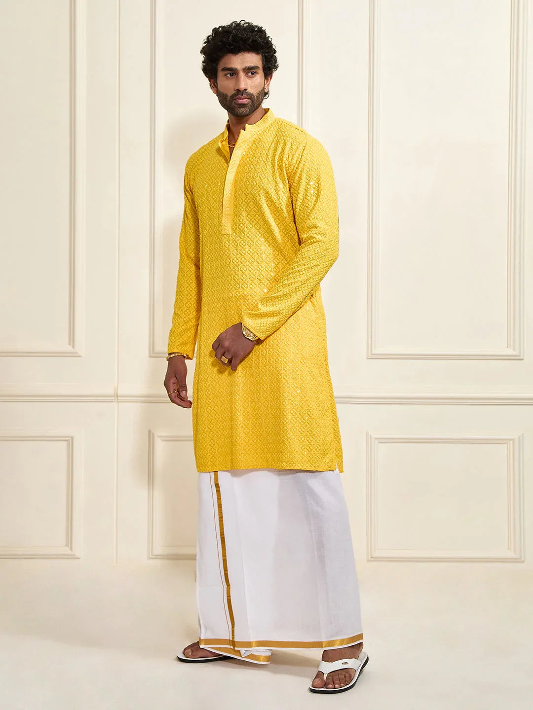 Men's Yellow Rayon Cotton Kurta