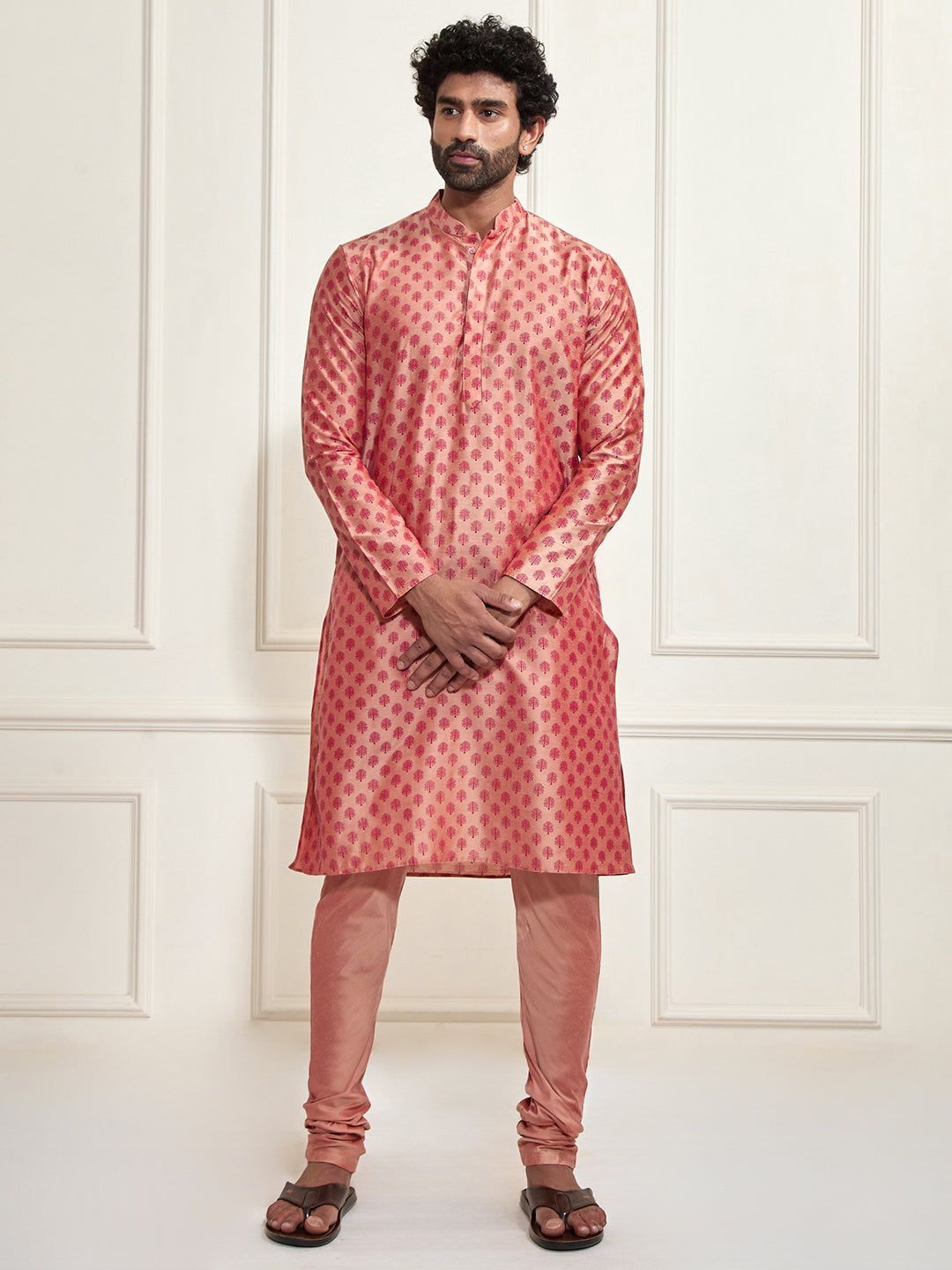 VASTRAMAY Men's Pink Cotton Silk Blend Kurta