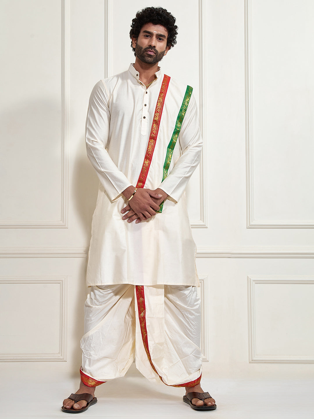Men's Cream Cotton Blend Kurta Dhoti And Dupatta Set