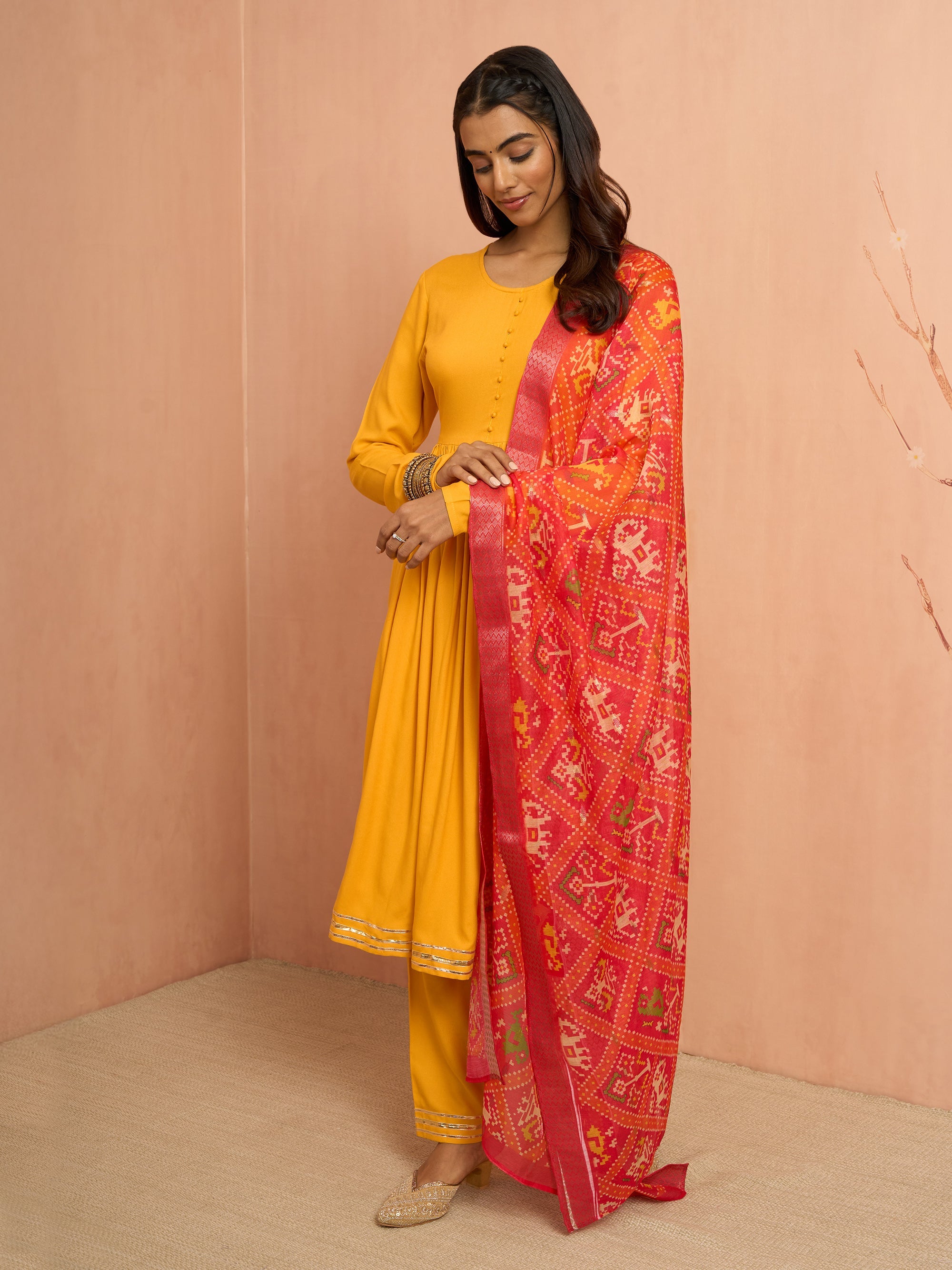 Women's Mustard Rayon Anarkali Kurta Set