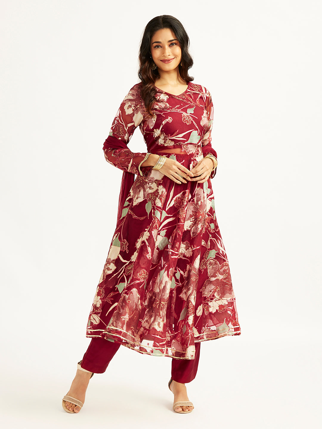 VASTRAMAY Women's Maroon Anarkali Set - qivii