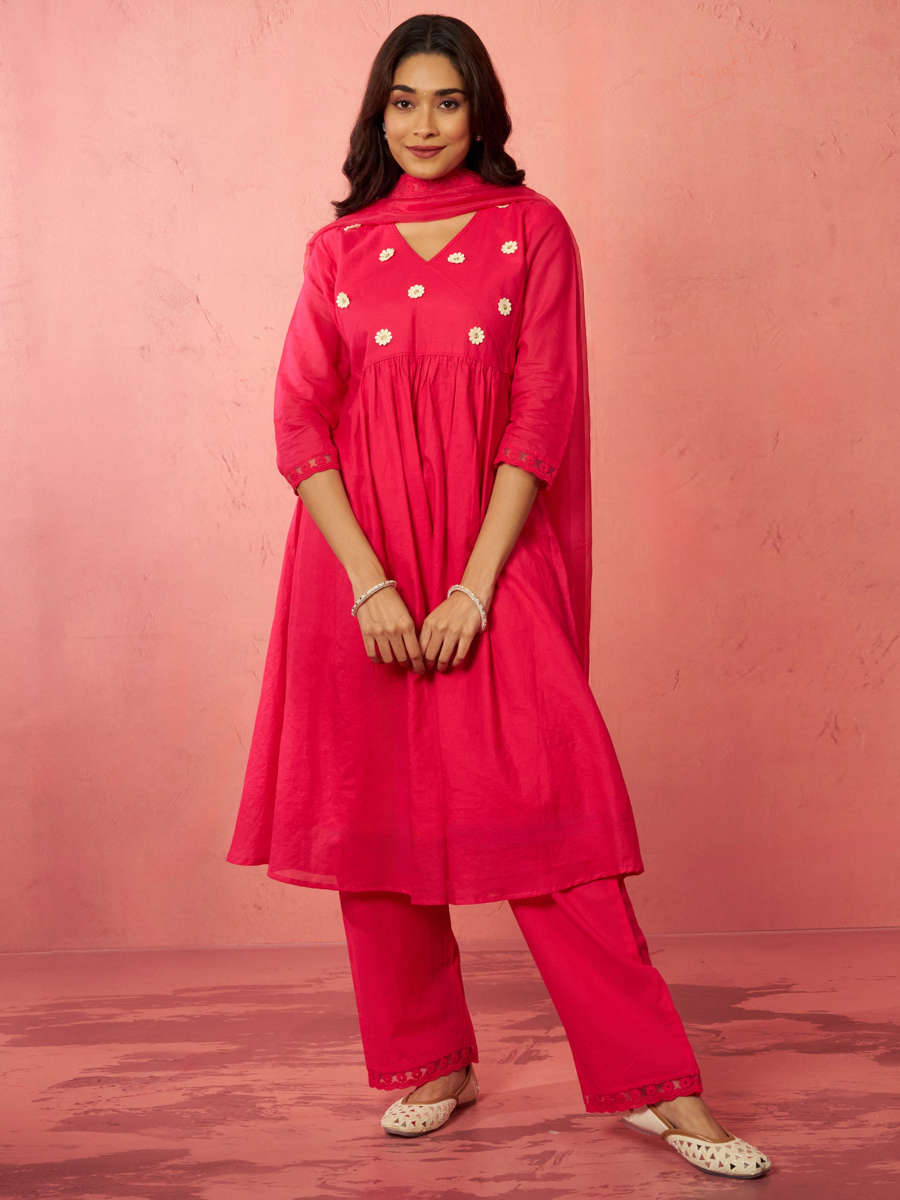 Women's Pink Chanderi Anarkali Kurta Set