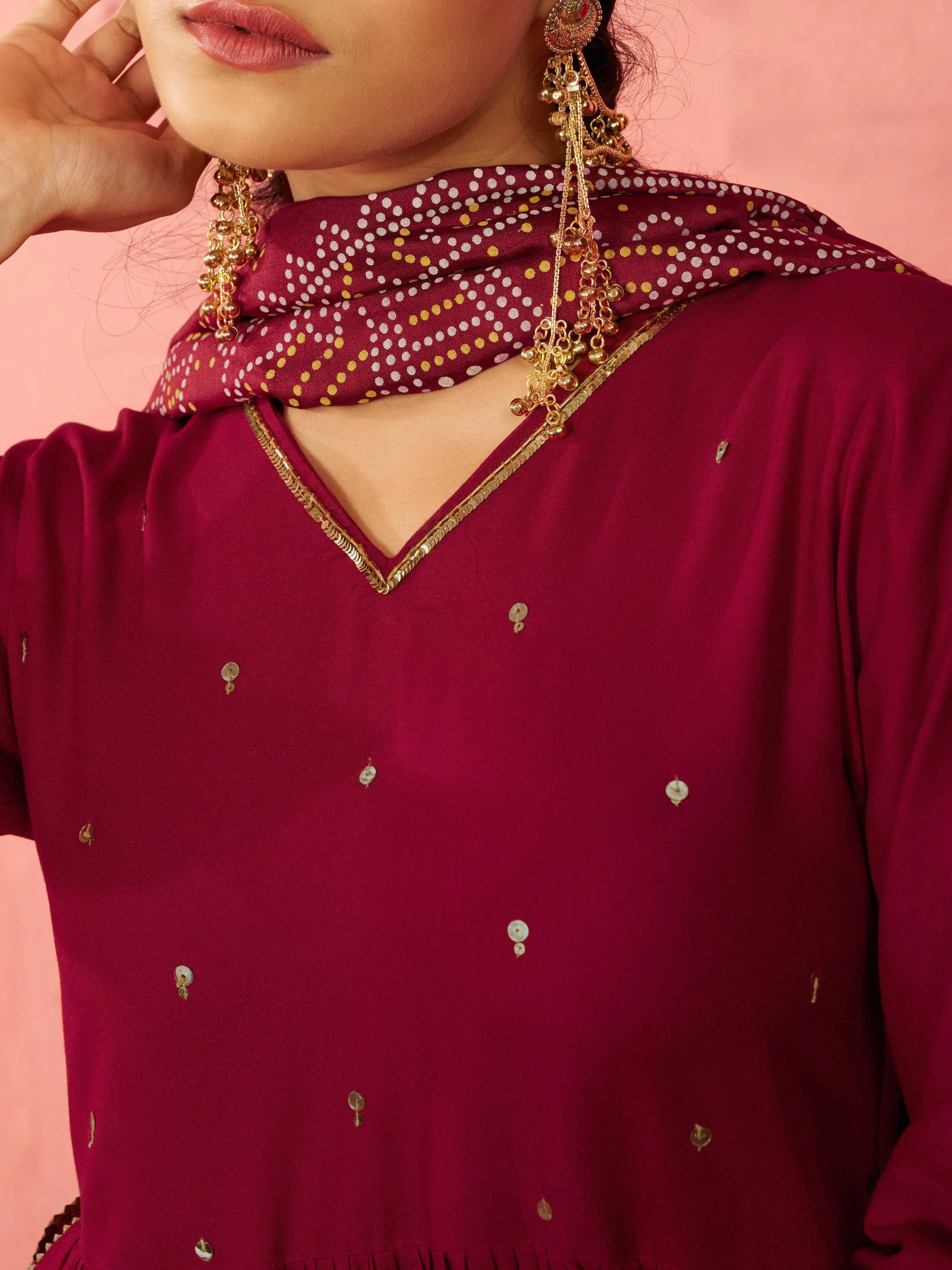 Women's Maroon Rayon Anarkali Kurta Set