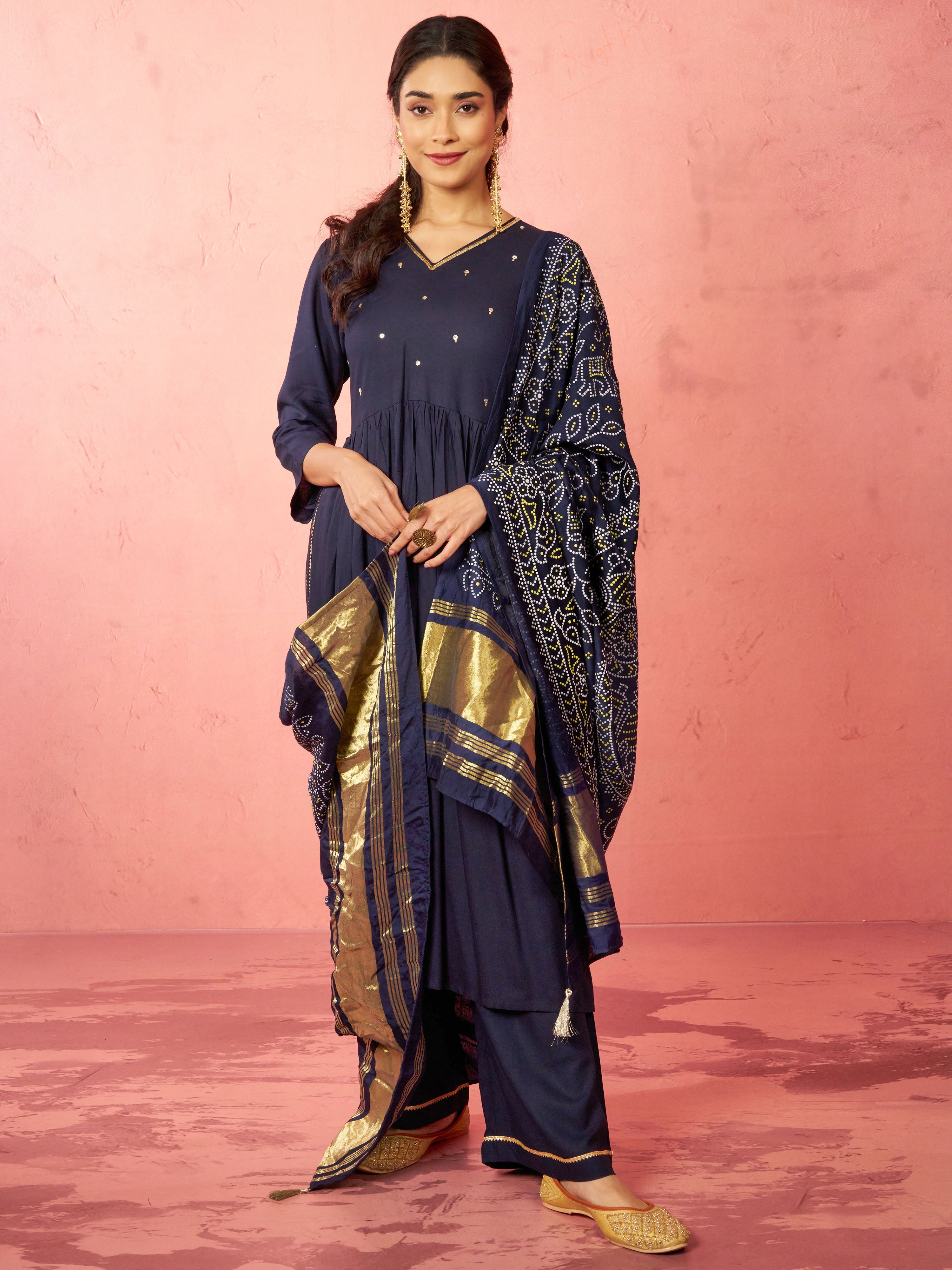 Women's Navy Blue Rayon Anarkali Kurta Set