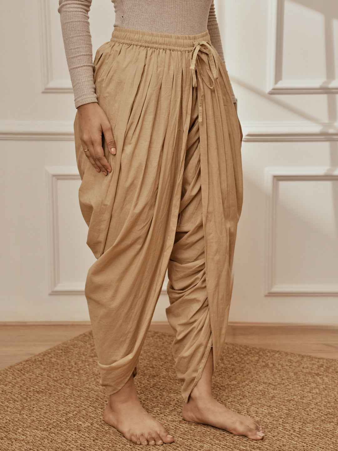 Women's Beige Cambric Cotton Dhoti Yoga Pants