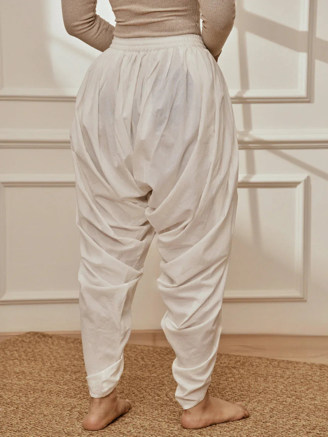 Women's White Cambric Cotton Dhoti Yoga Pants