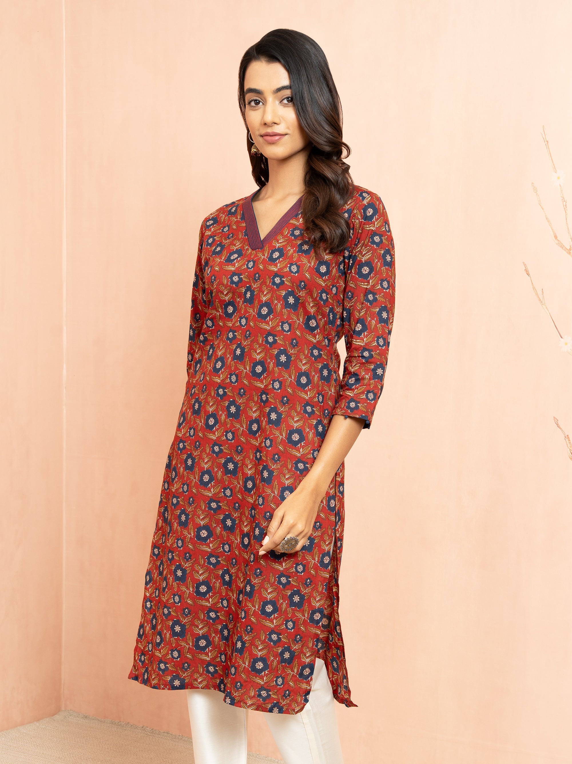 Women's Rust Printed Cambric Cotton Straight Kurta