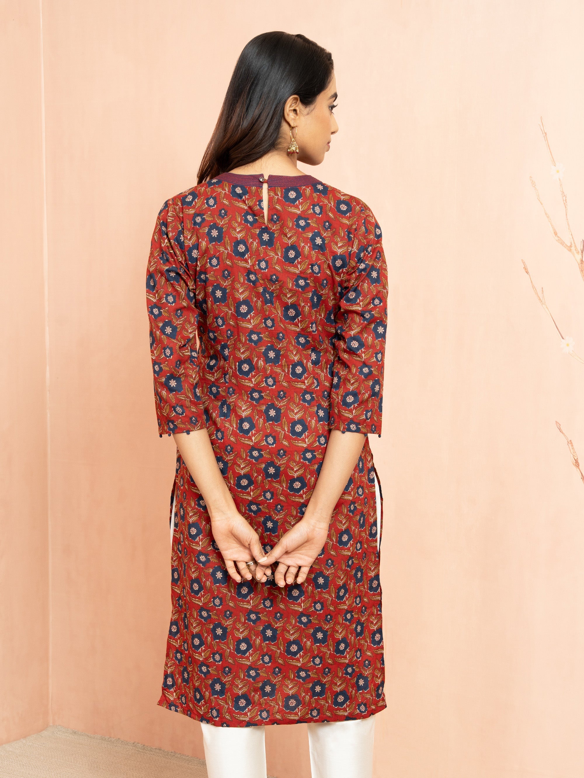 Women's Rust Printed Cambric Cotton Straight Kurta