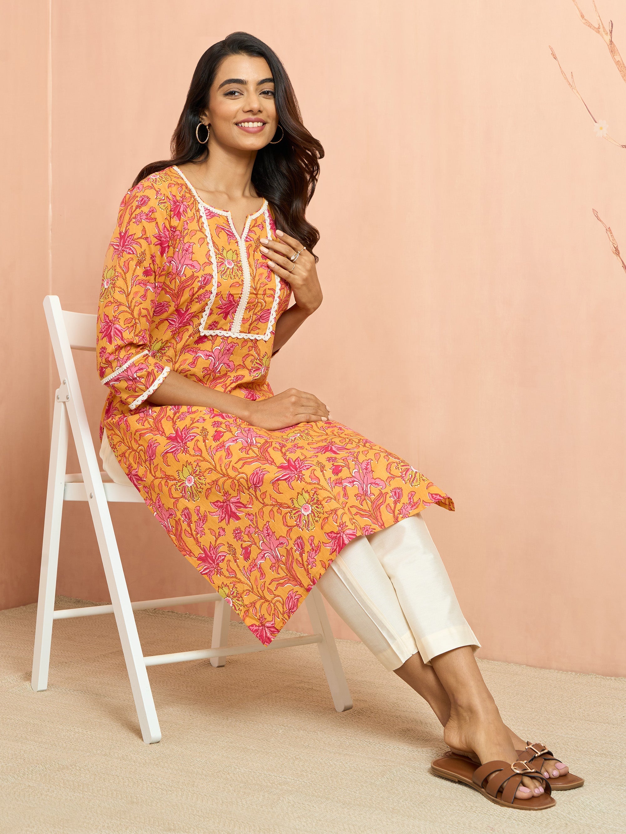 Women's Mustard Floral Printed Cambric Cotton Kurta