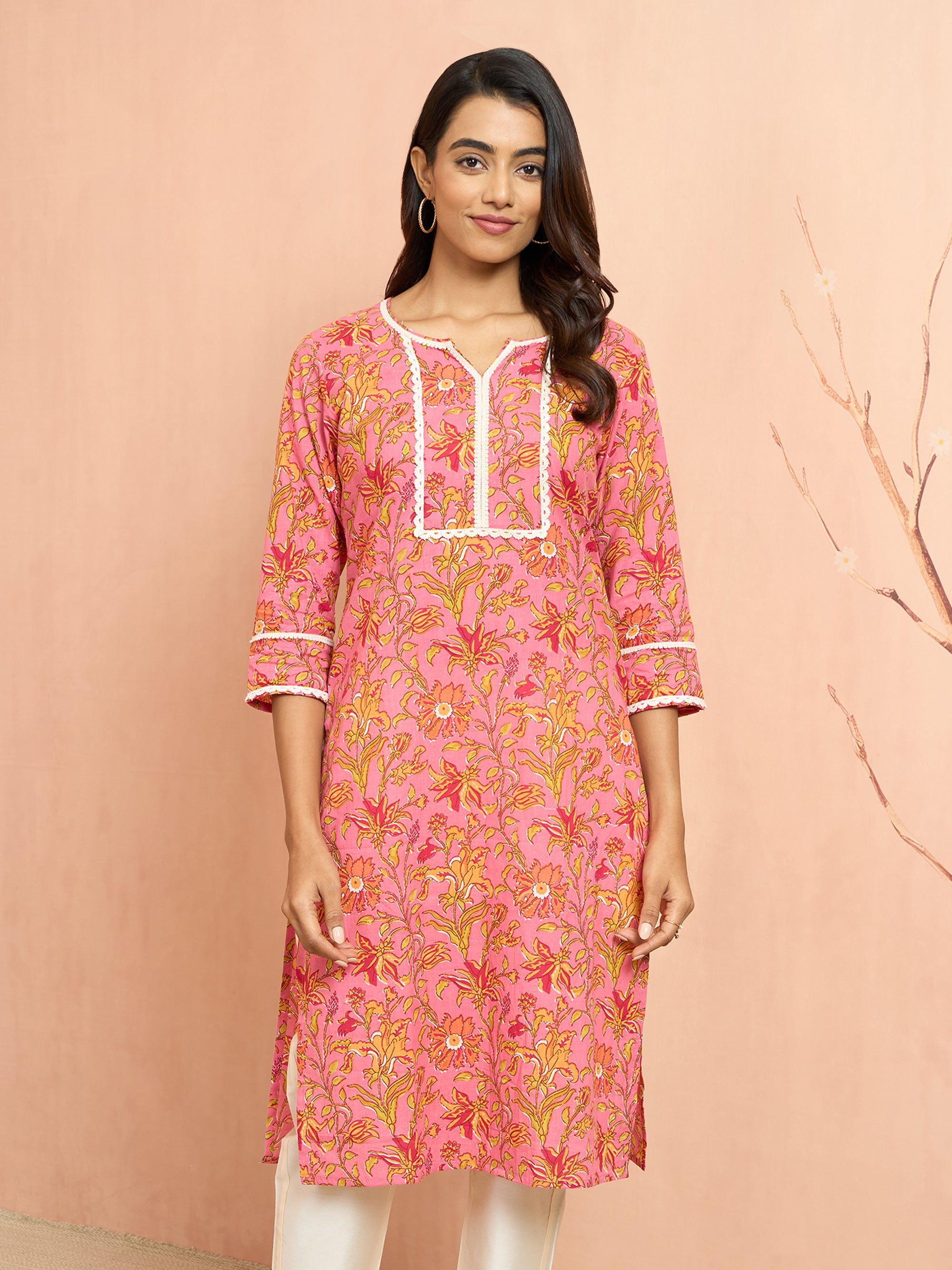 Women's Pink Floral Printed Cambric Cotton Kurta