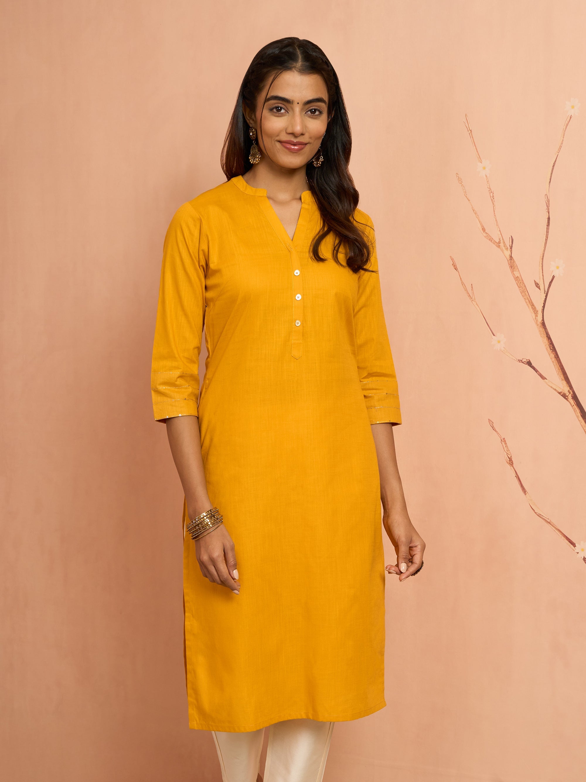 Women's Mustard Embroidered Cotton Kurta