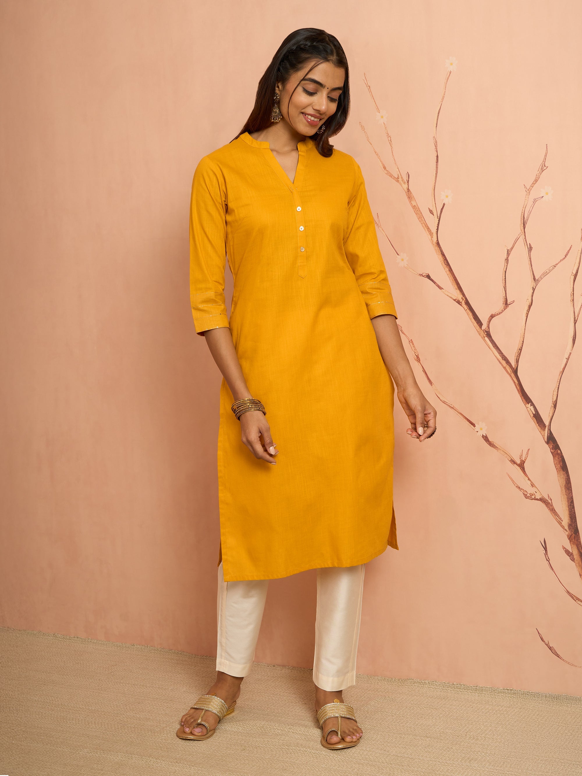 Women's Mustard Embroidered Cotton Kurta