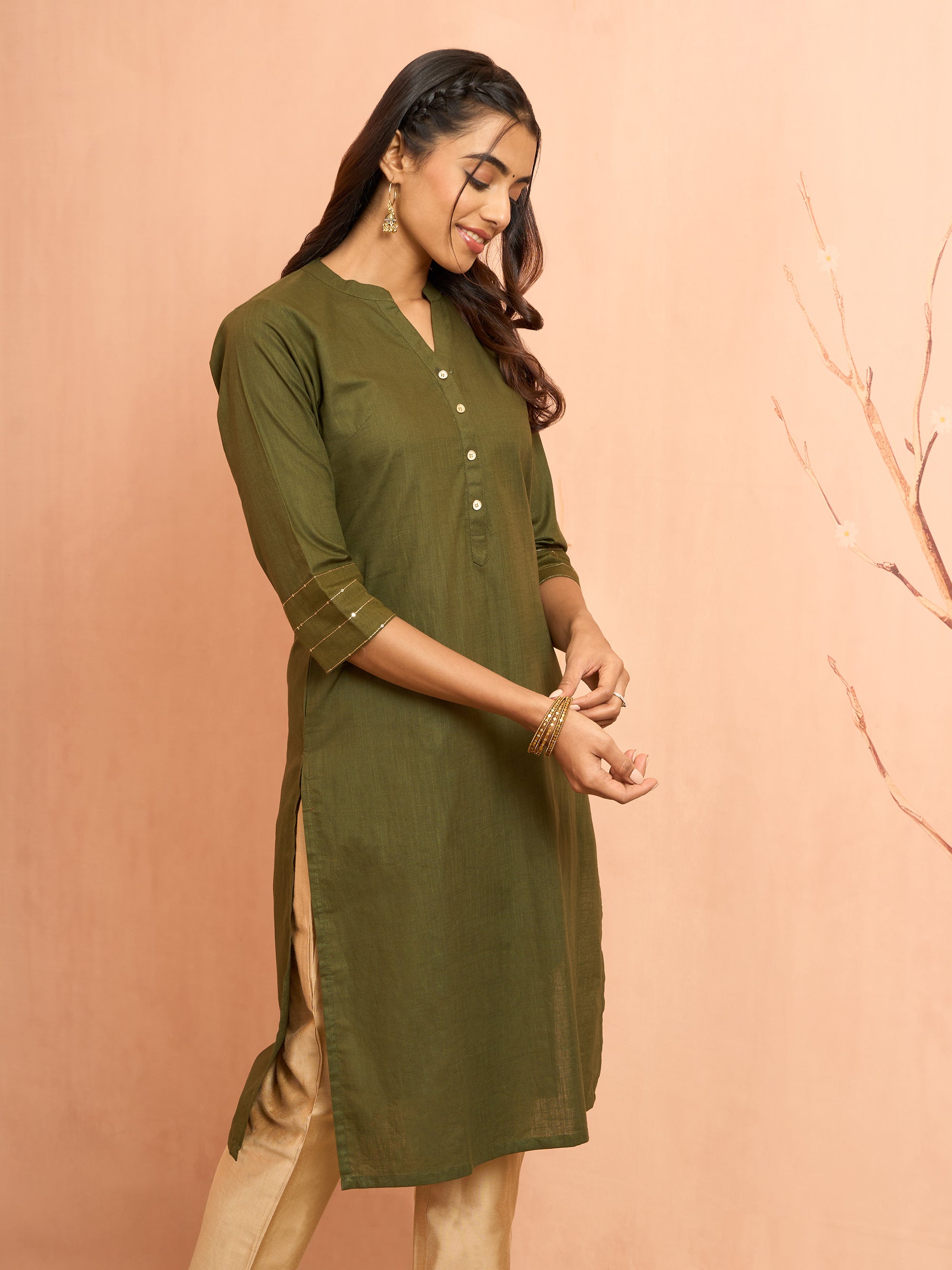 Women's Mehendi Green Embroidered Cotton Kurta