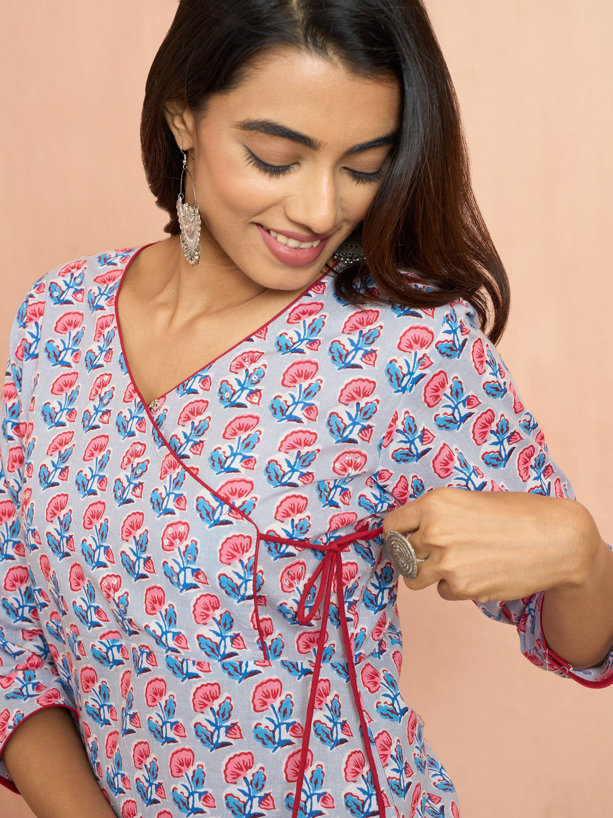 Women's Grey Floral Angrakha Kurta