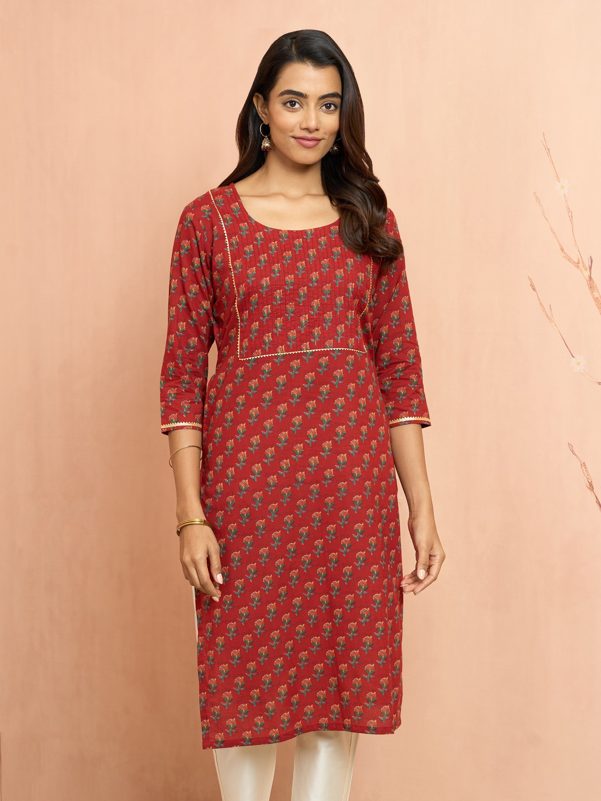 Women's Rust Floral Pleated Kurta