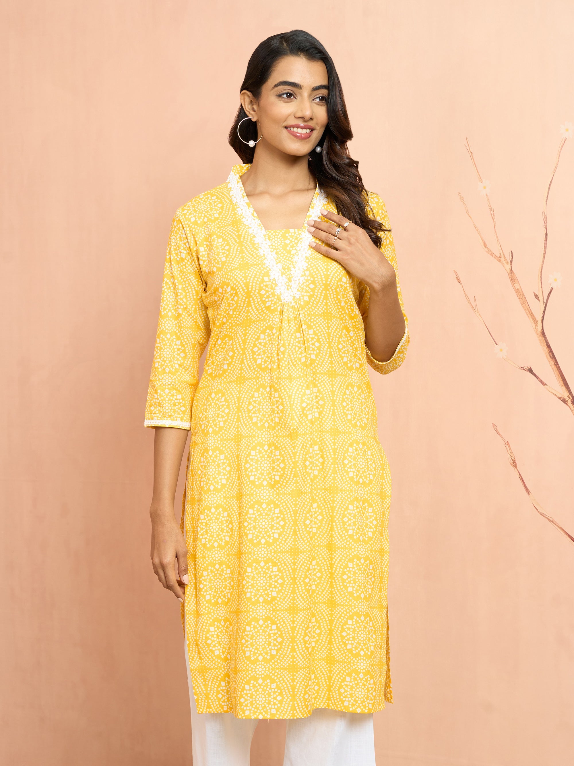 Women's Yellow Bandhani Print Cambric Kurta