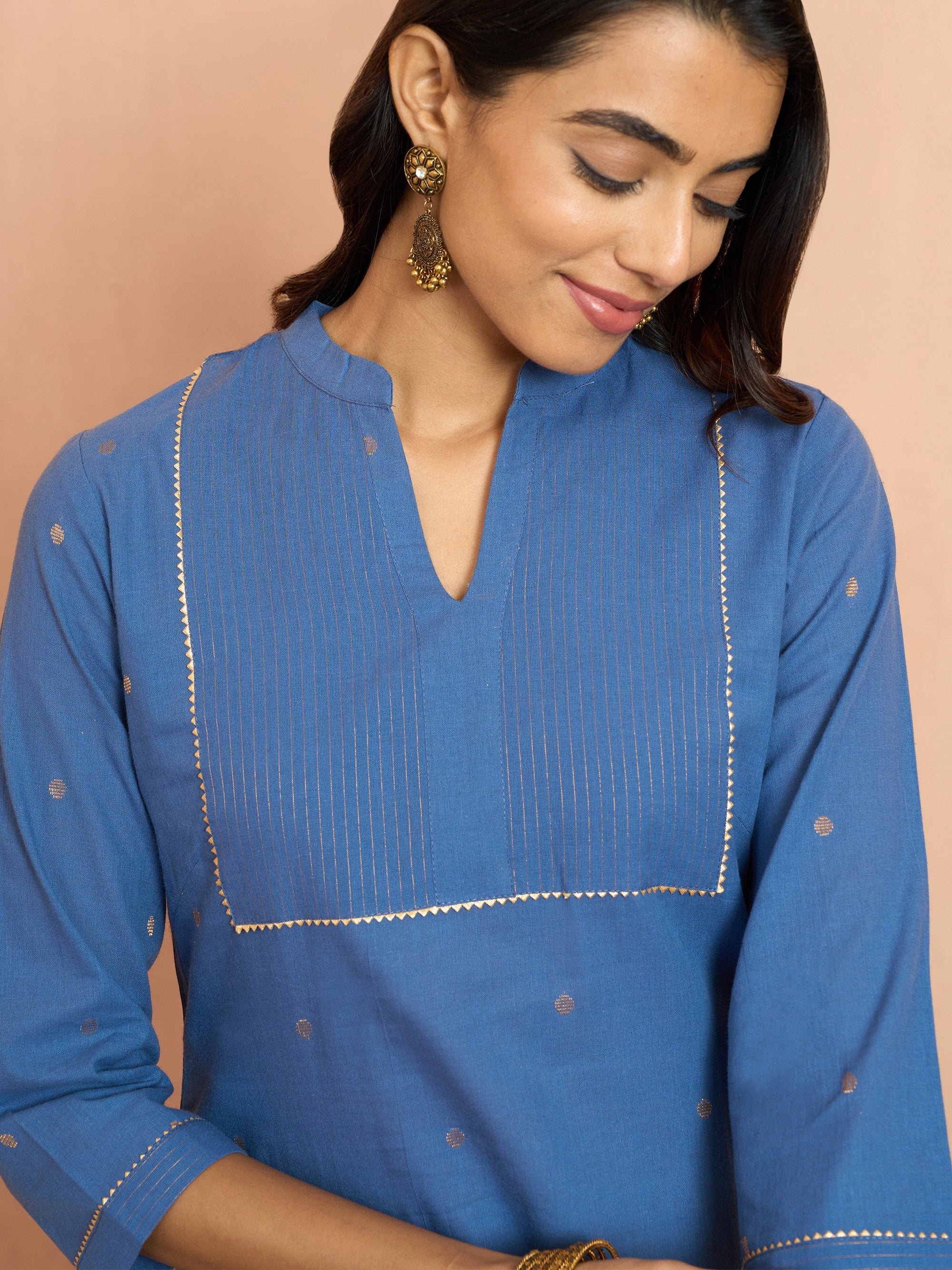 Women's Blue Cotton Lurex Dobby Kurta