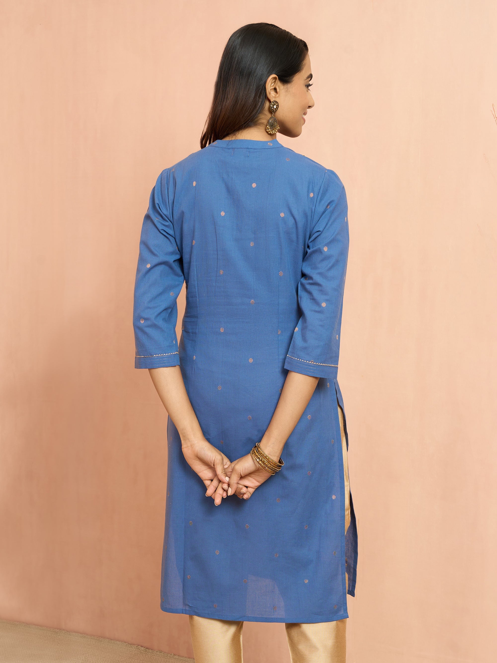 Women's Blue Cotton Lurex Dobby Kurta