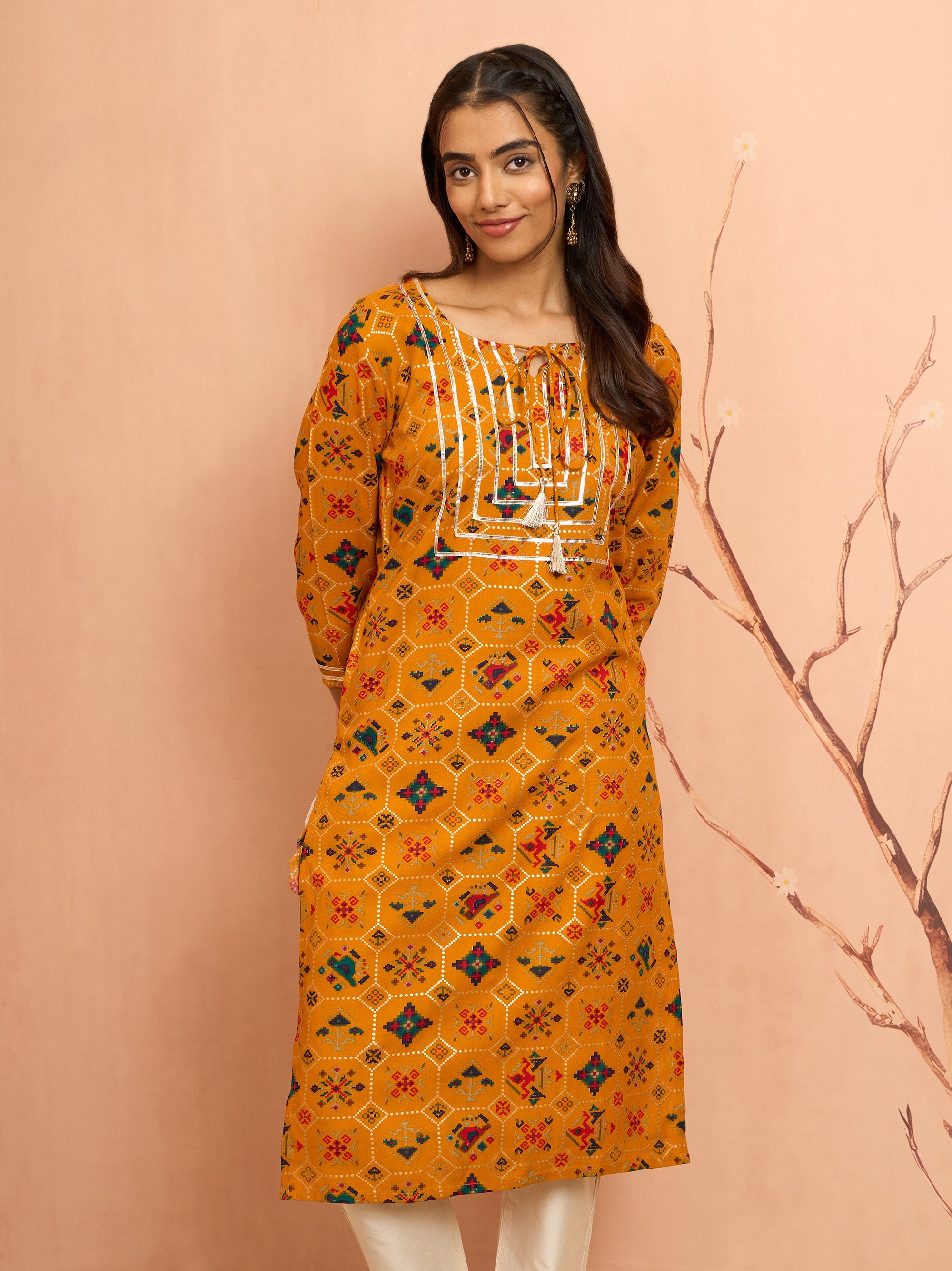 Women's Mustard Patola Print Foil Kurta