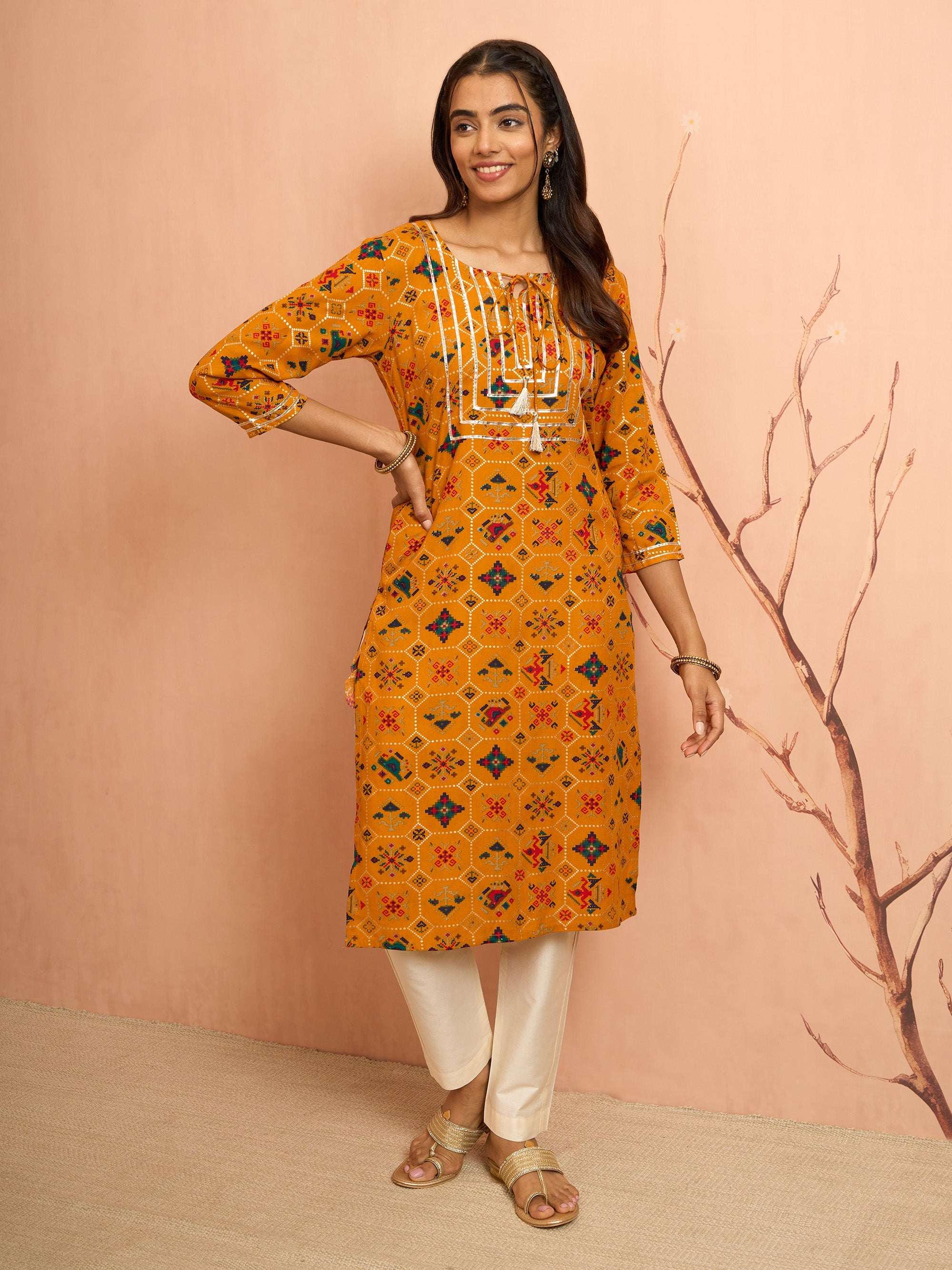 Women's Mustard Patola Print Foil Kurta
