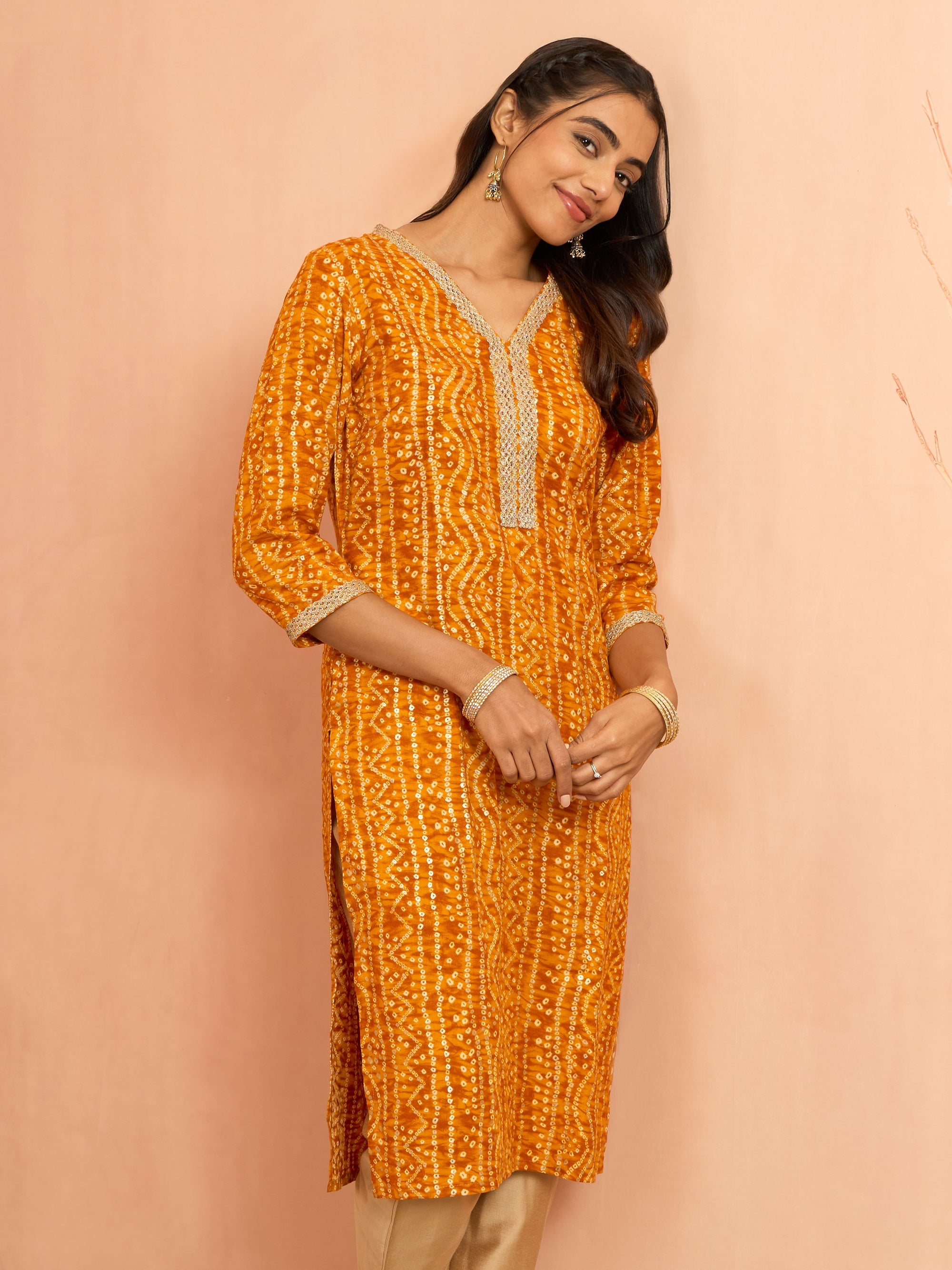 Women's Mustard Bandhani Foil Print Rayon Kurta