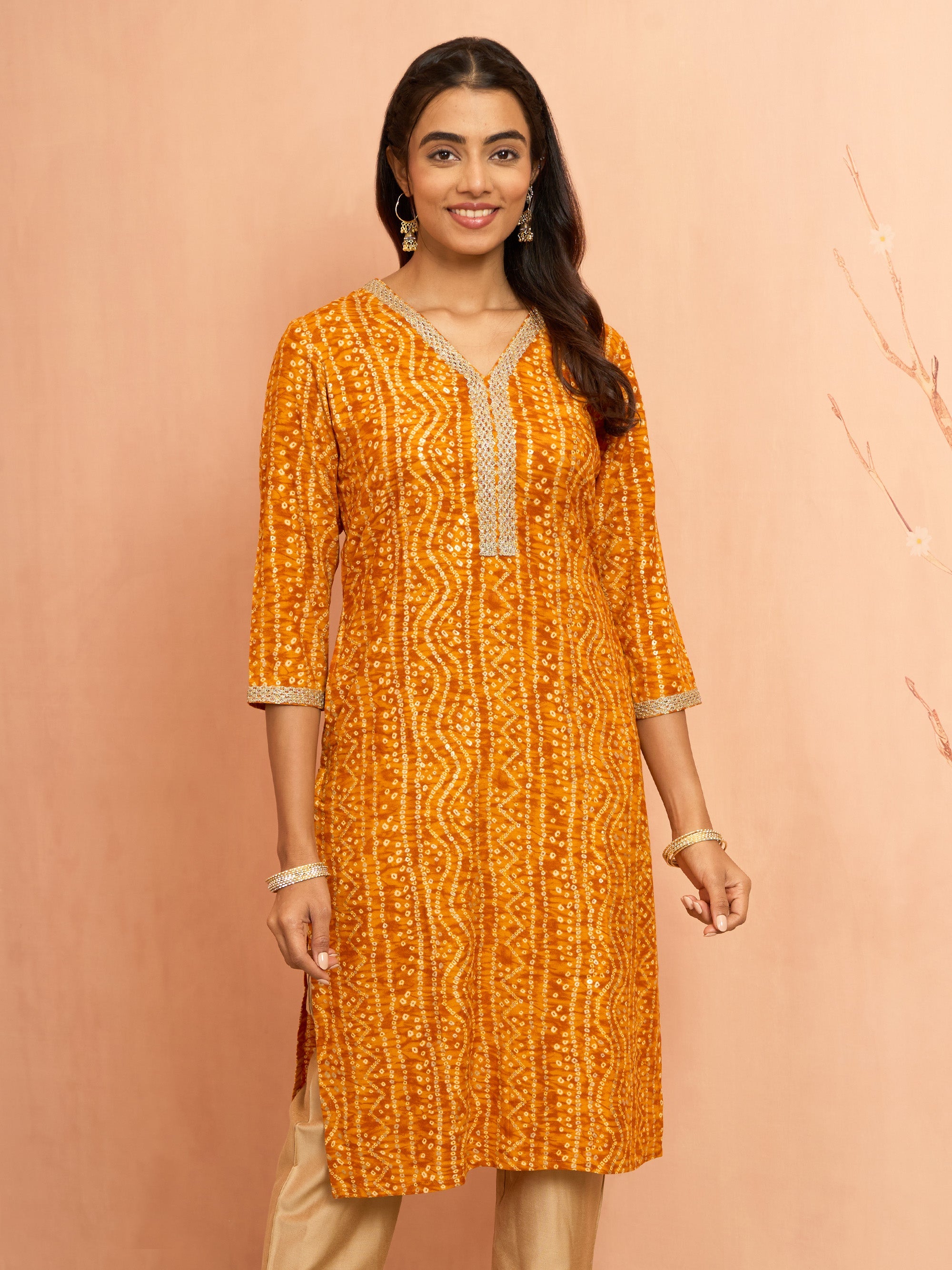 Women's Mustard Bandhani Foil Print Rayon Kurta