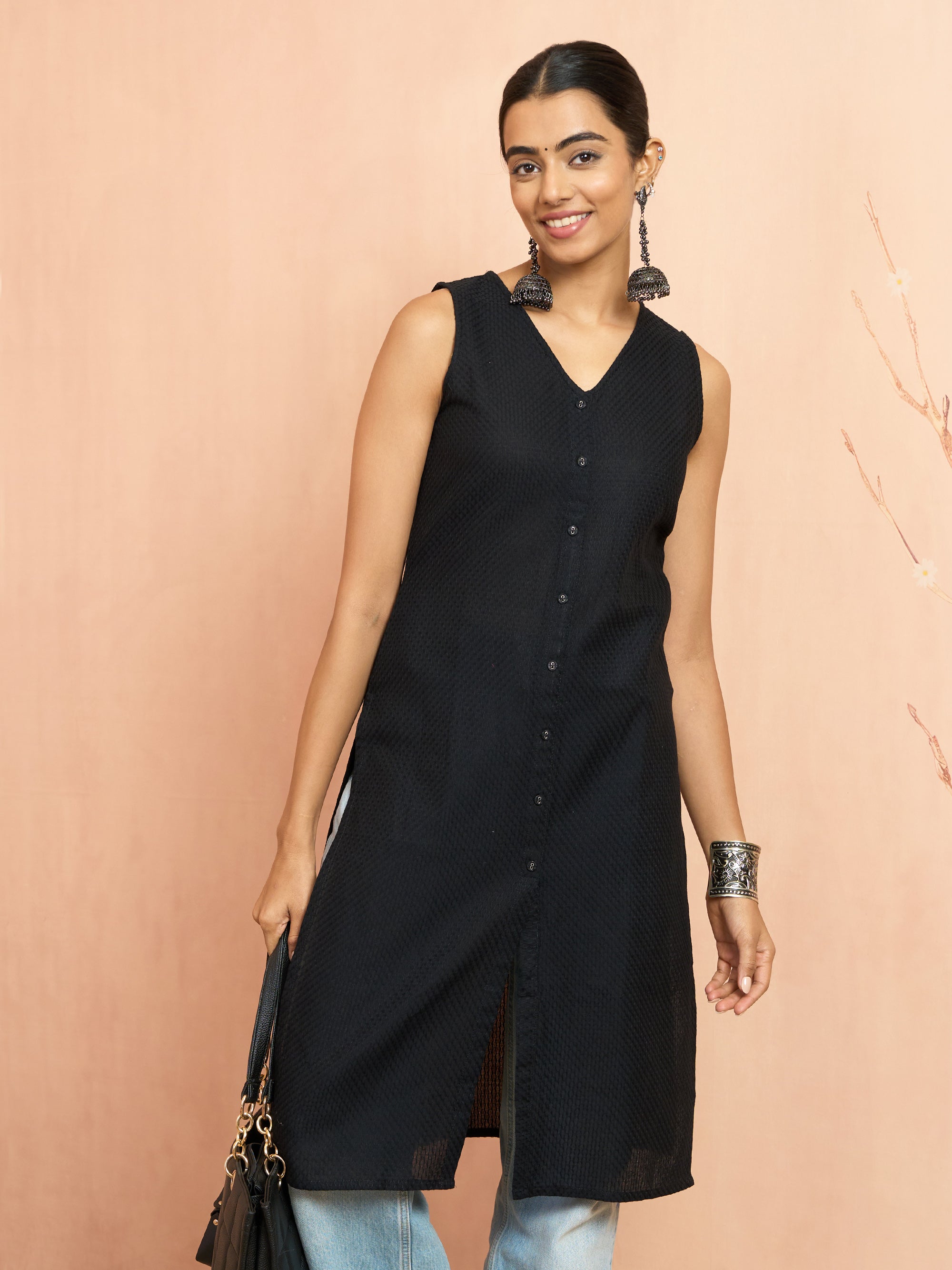 Women's Black Moonlight Jacquard Kurta