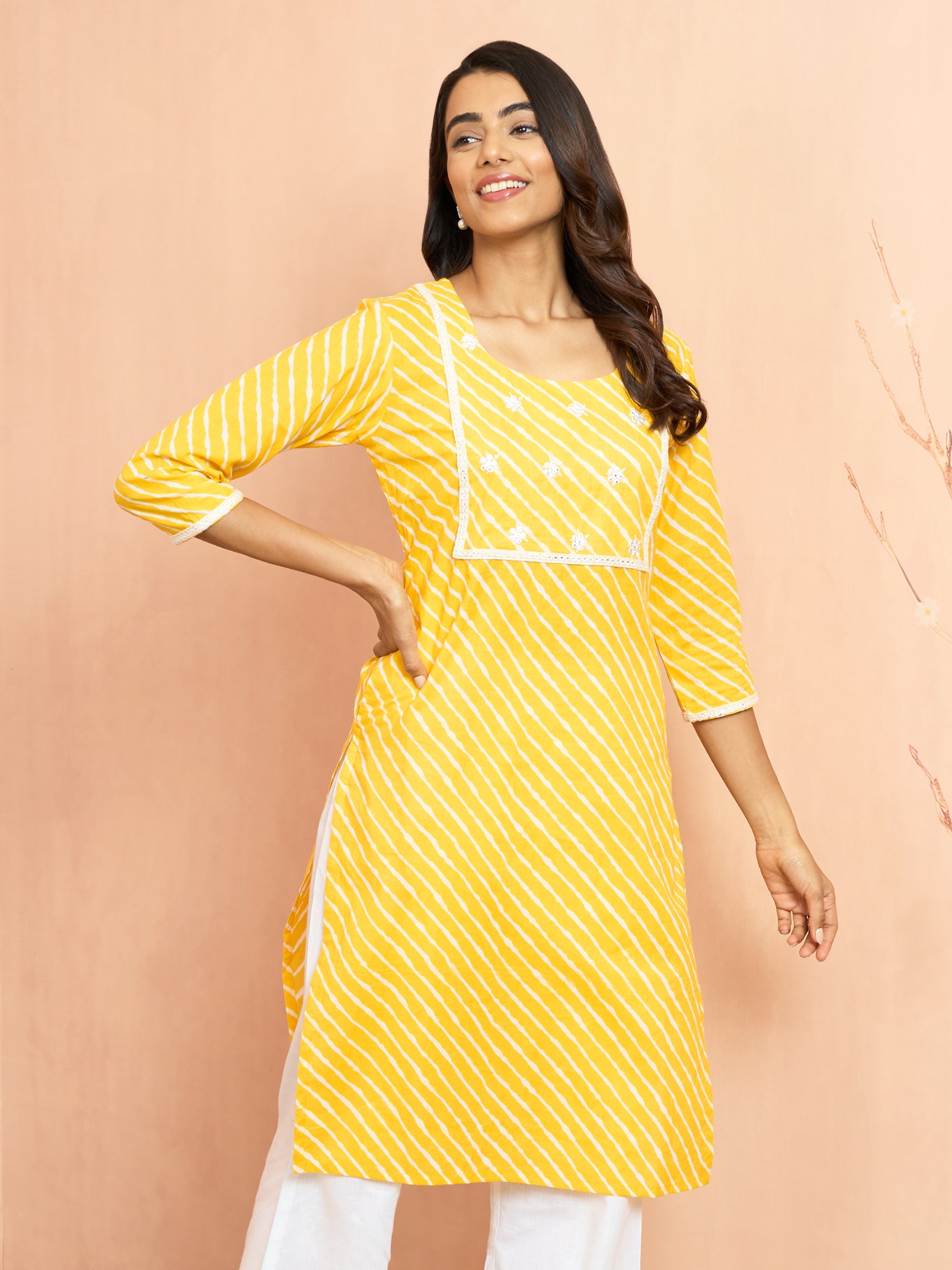 Women's Yellow Lehariya Print Embroidered Kurta
