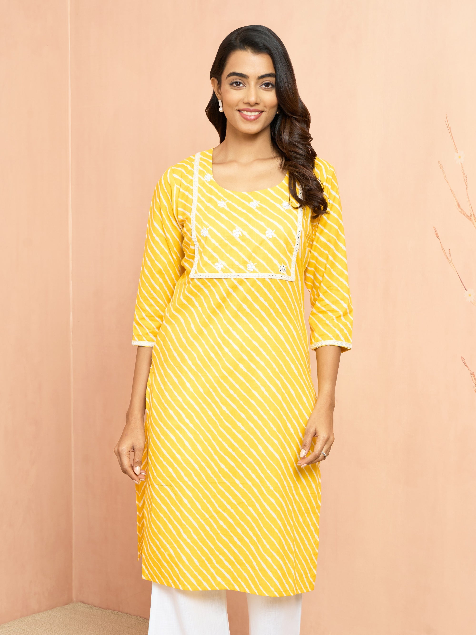 Women's Yellow Lehariya Print Embroidered Kurta