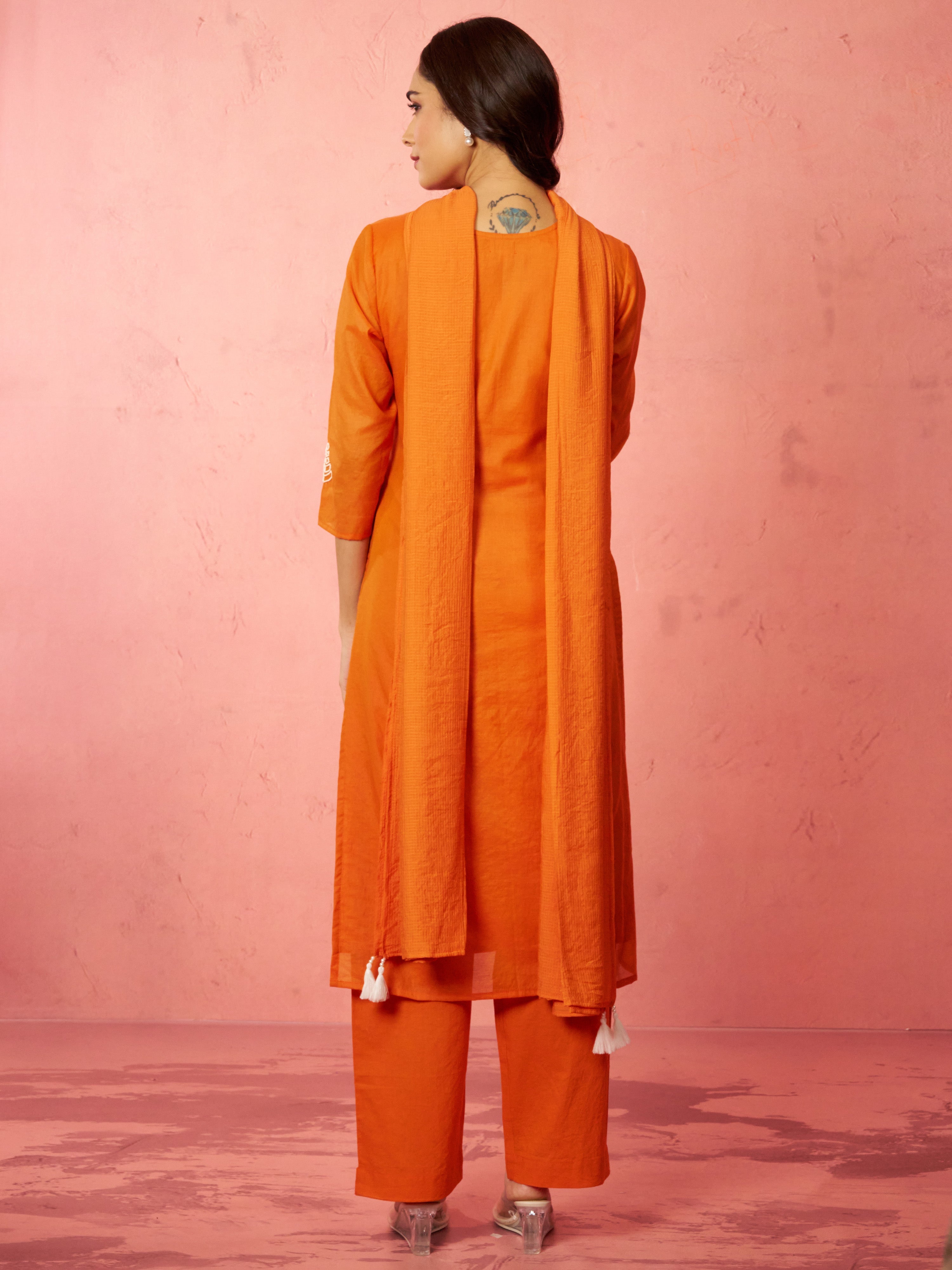 Women's Orange Chanderi Straight Kurta Set