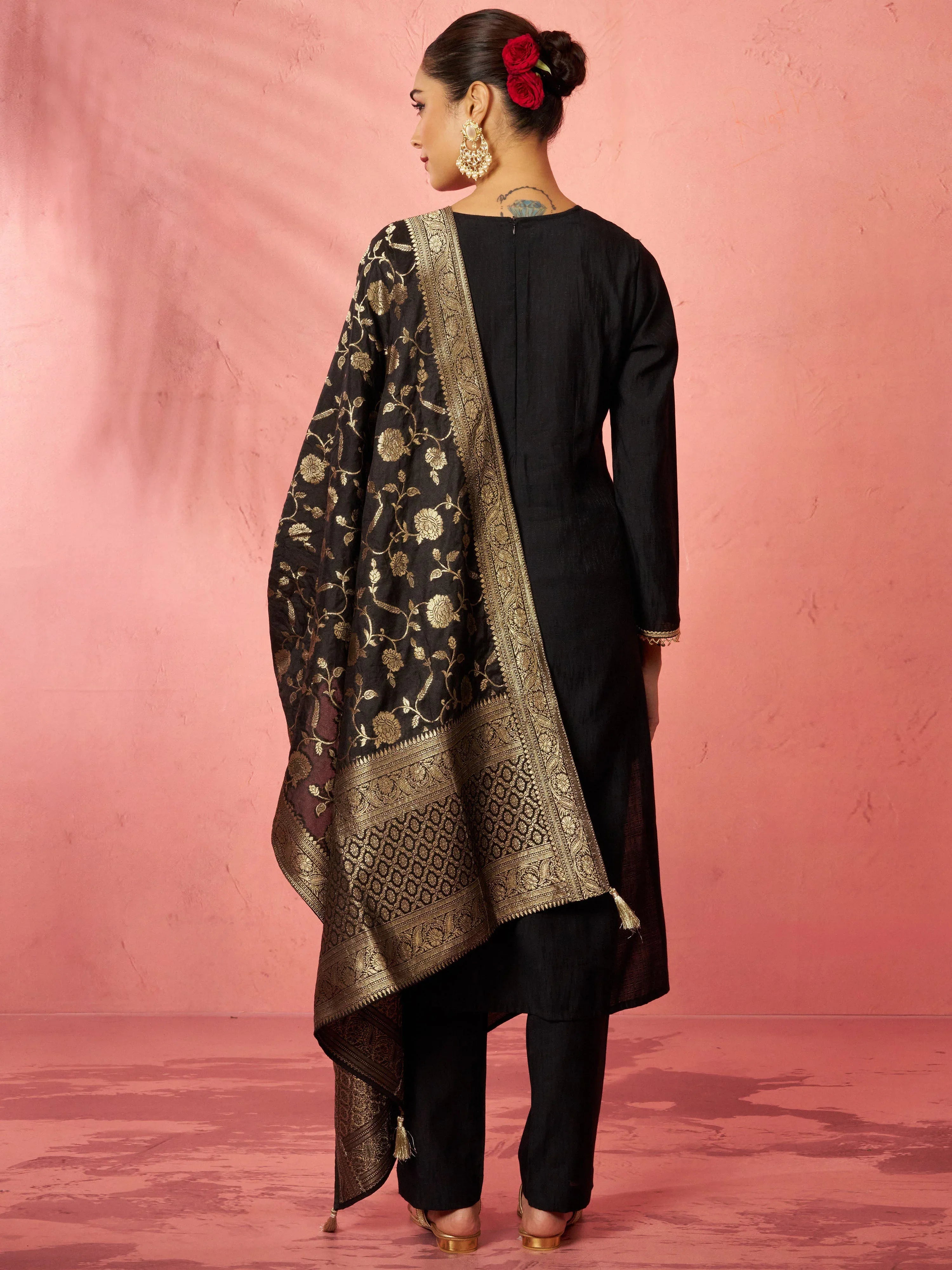 Women's Black Cotton Straight Kurta Set