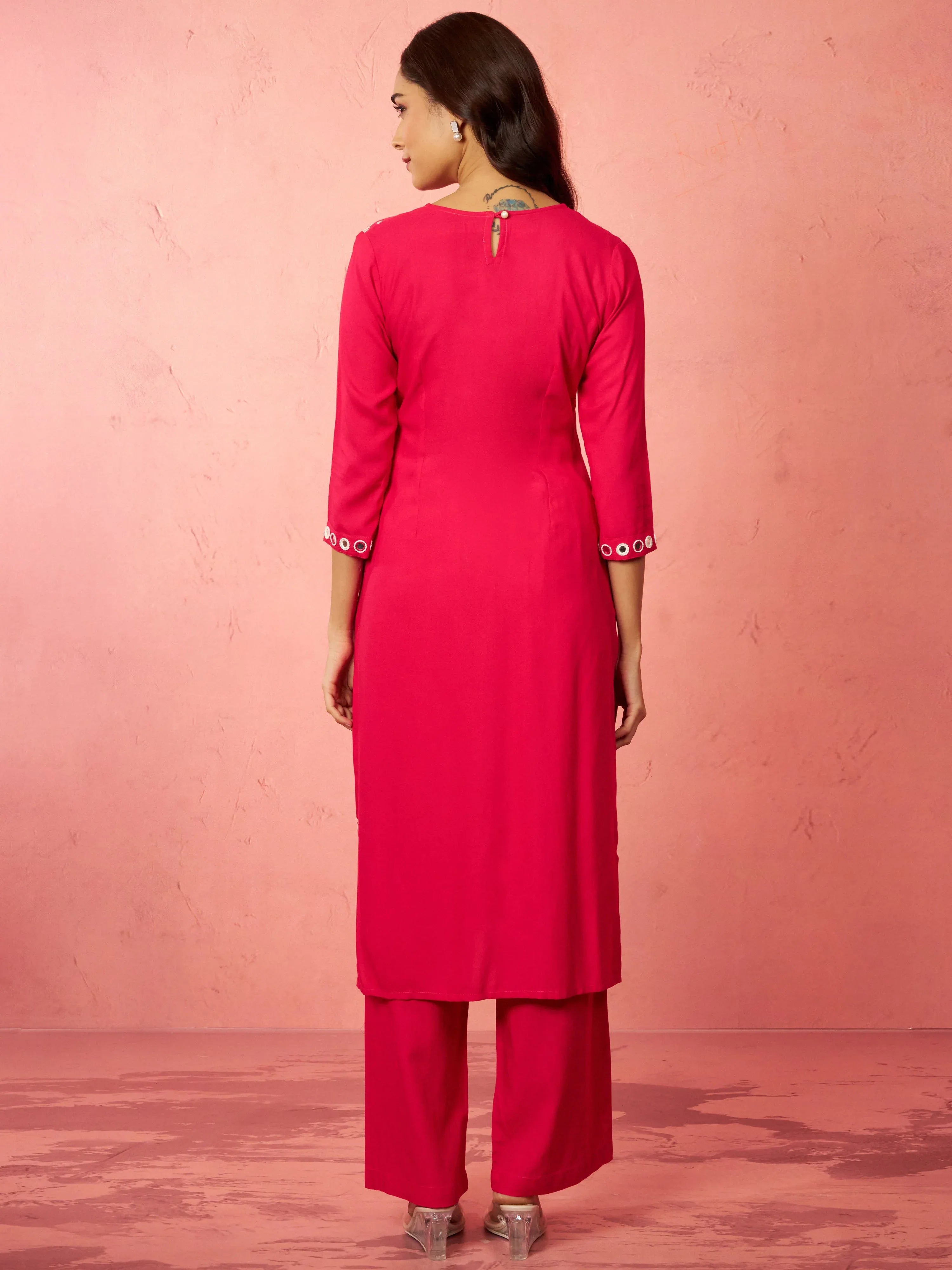 Women's Pink Rayon Mirror Work Kurta Set with Palazzo