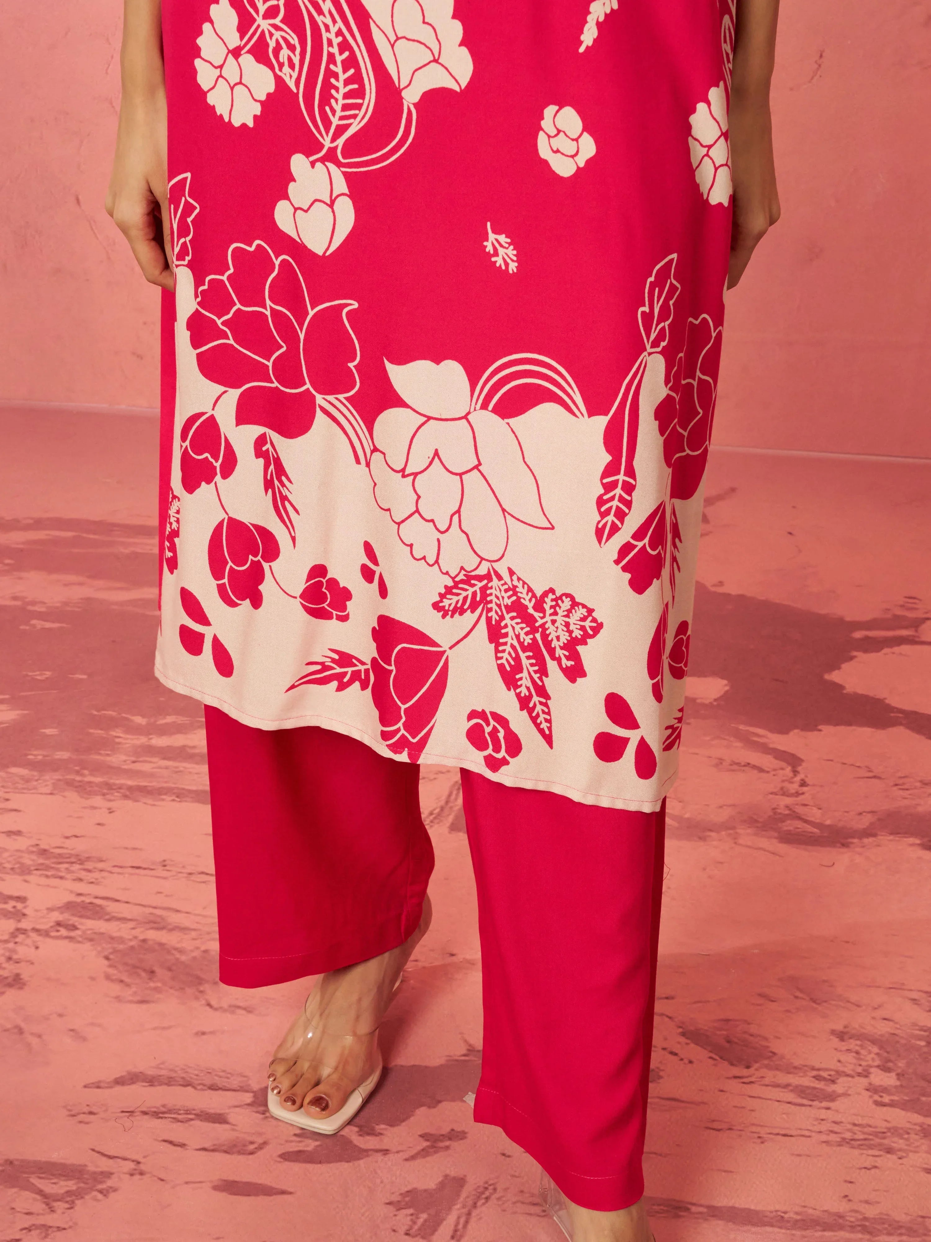 Women's Pink Rayon Mirror Work Kurta Set with Palazzo
