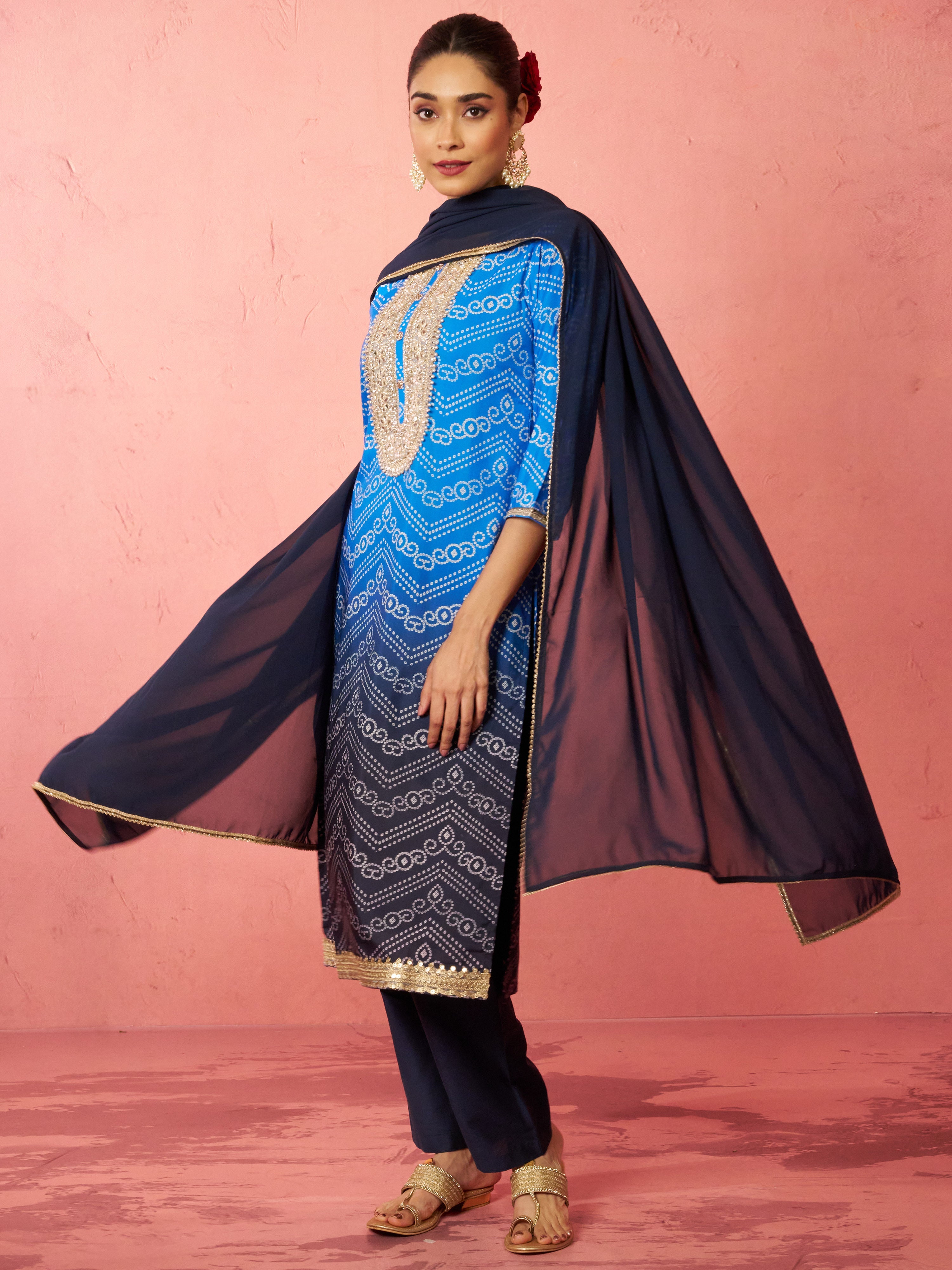Women's Blue Muslin Bandhani Kurta Set with Straight Pants & Dupatta
