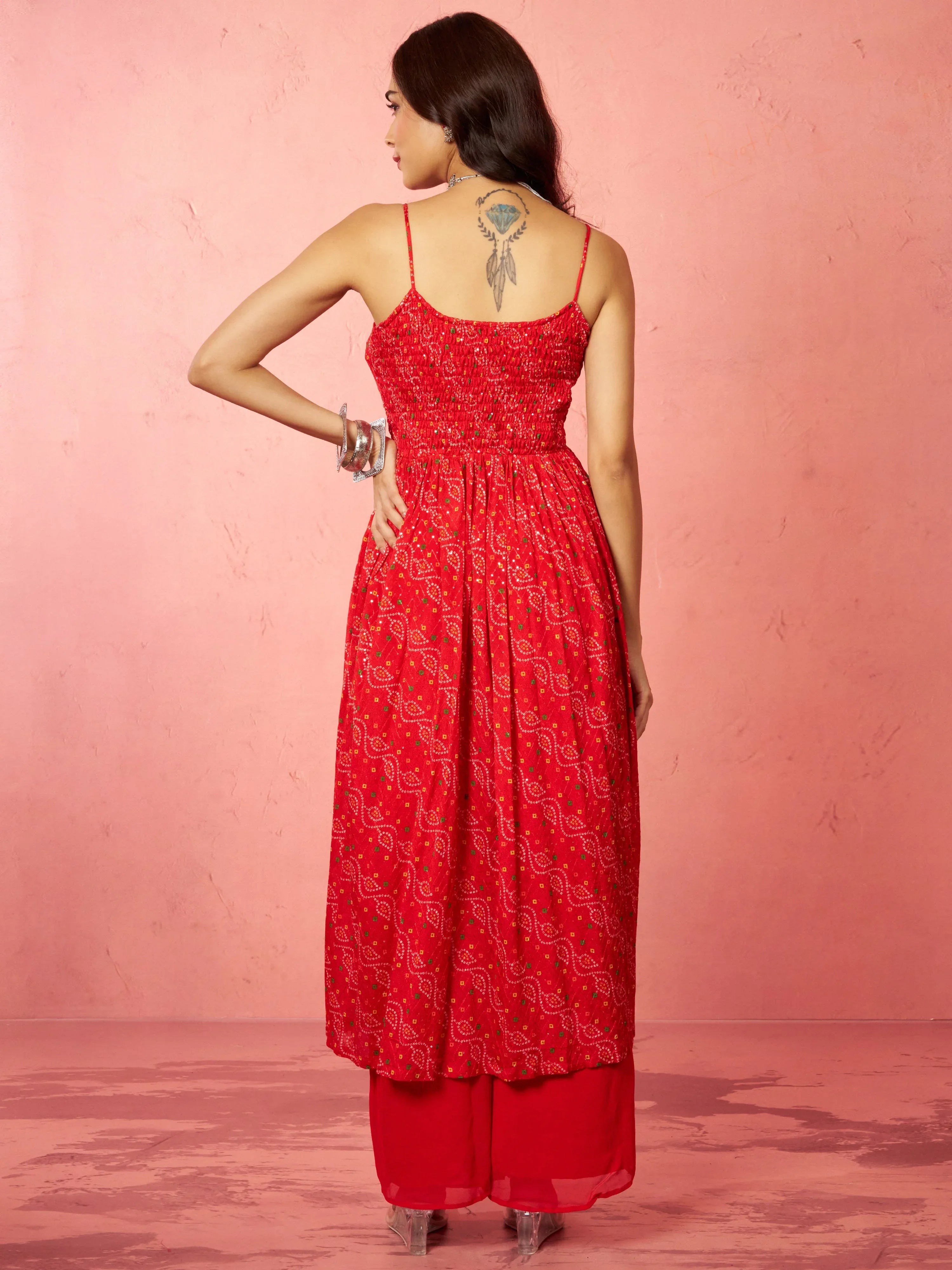 Women's Red Chinon Sequin Anarkali Set with Palazzo