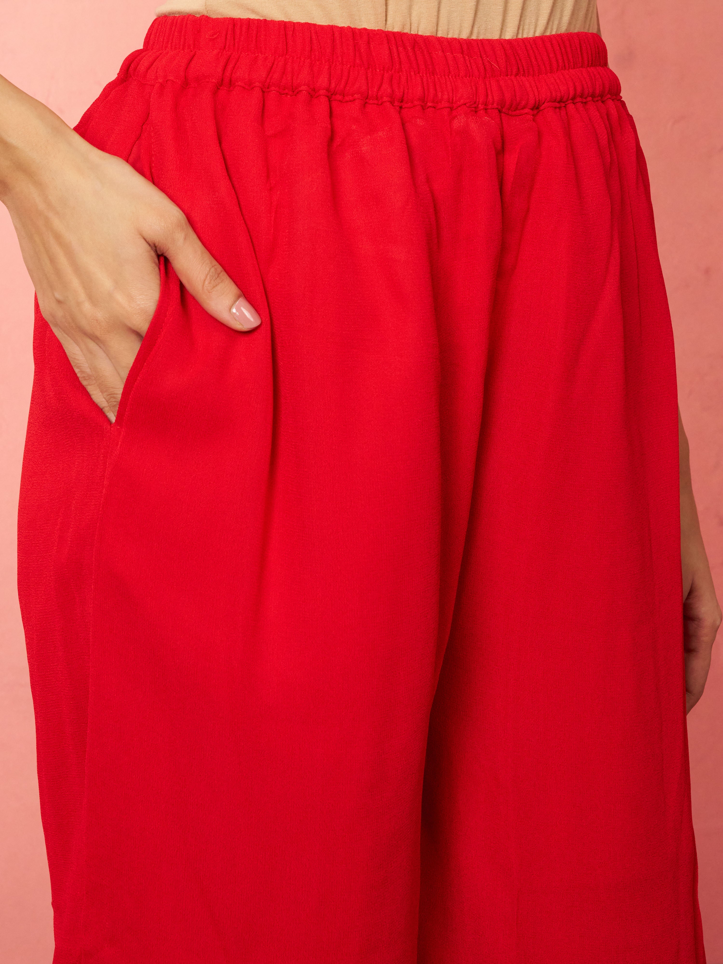 Women's Red Chinon Sequin Anarkali Set with Palazzo