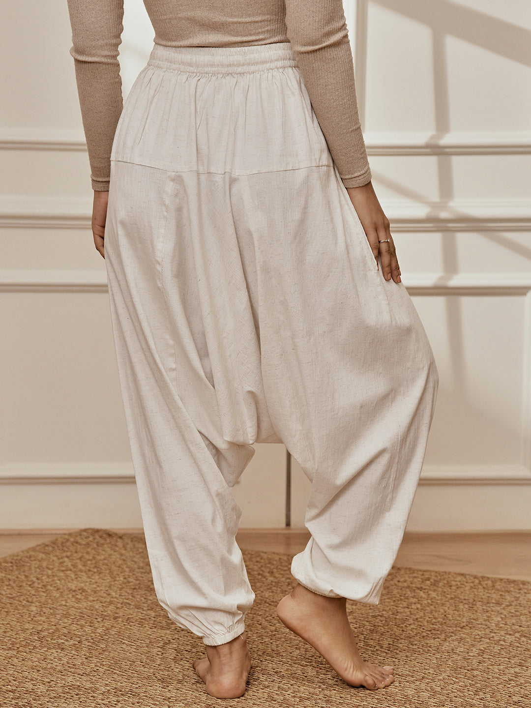 Women's White Cotton Lycra Harem Yoga Pants