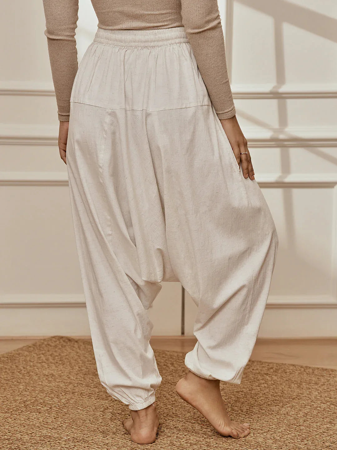 Women's White Cotton Lycra Harem Yoga Pants