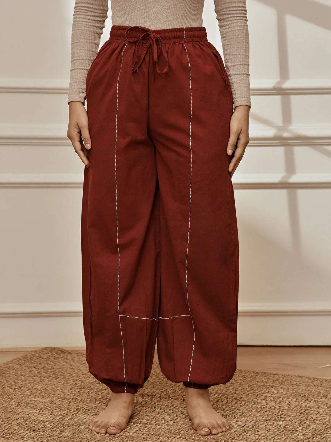Women's Maroon Cambric Embroidered Joggers Yoga Pants
