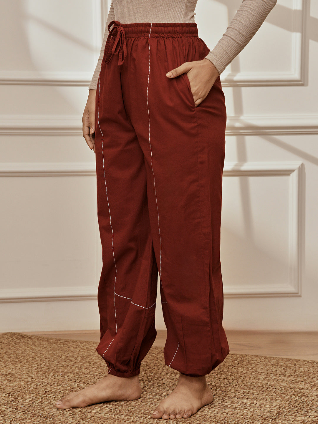 Women's Maroon Cambric Embroidered Joggers Yoga Pants