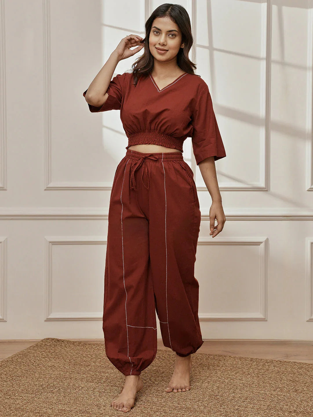 Women's Maroon Cambric Embroidered Joggers Yoga Pants