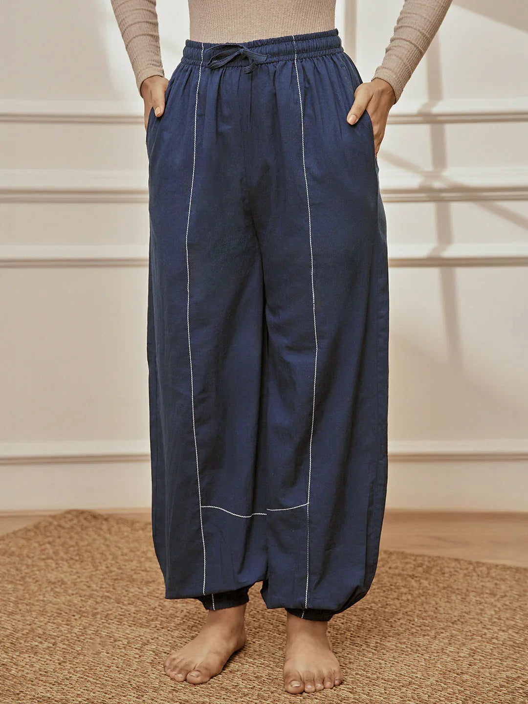Women's Navy Blue Cambric Embroidered Joggers Yoga Pants