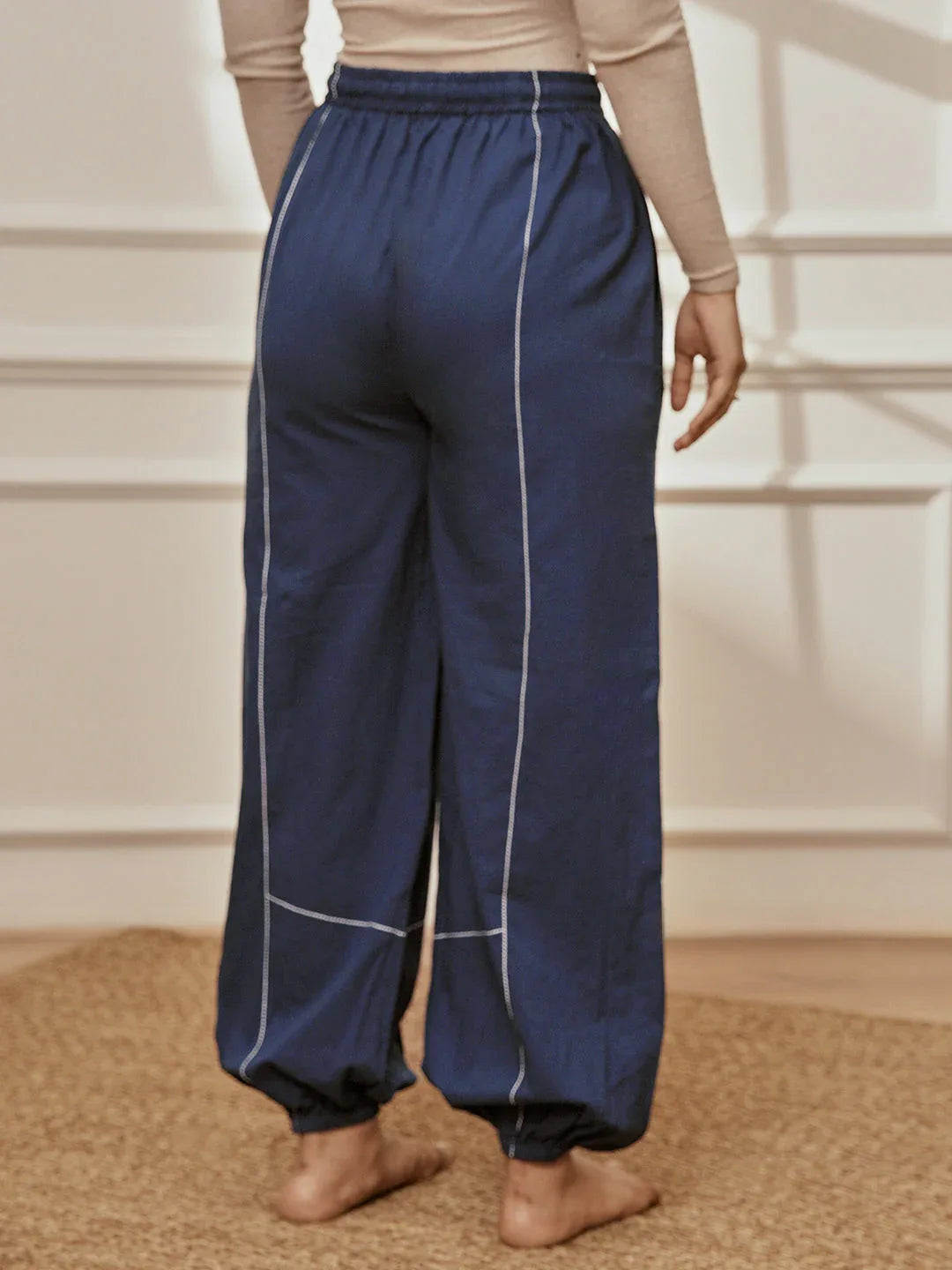 Women's Navy Blue Cambric Embroidered Joggers Yoga Pants