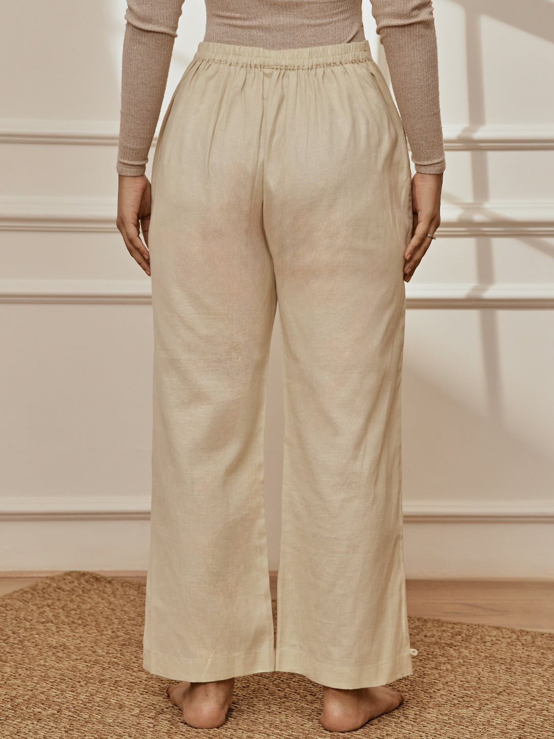 Women's Beige Cotton Linen Straight Yoga Pants