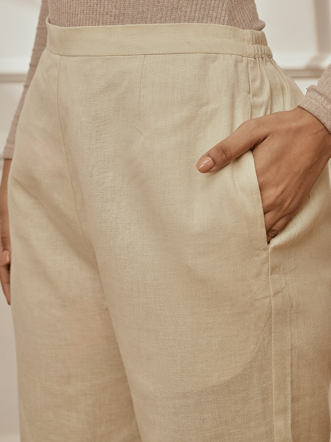 Women's Beige Cotton Linen Straight Yoga Pants