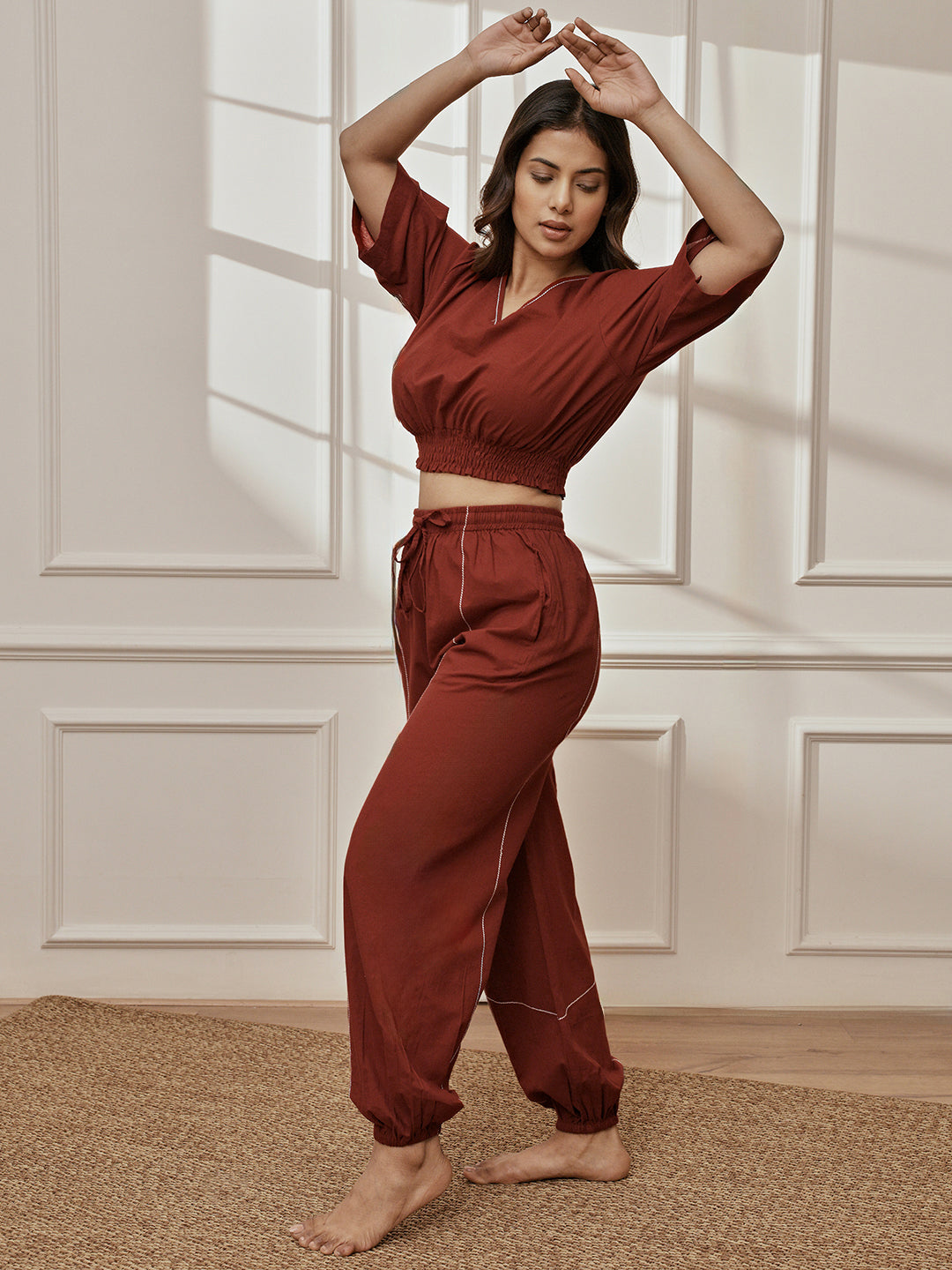 Women's Maroon Cambric Cotton Crop Top With Matching Joggers Yoga Set