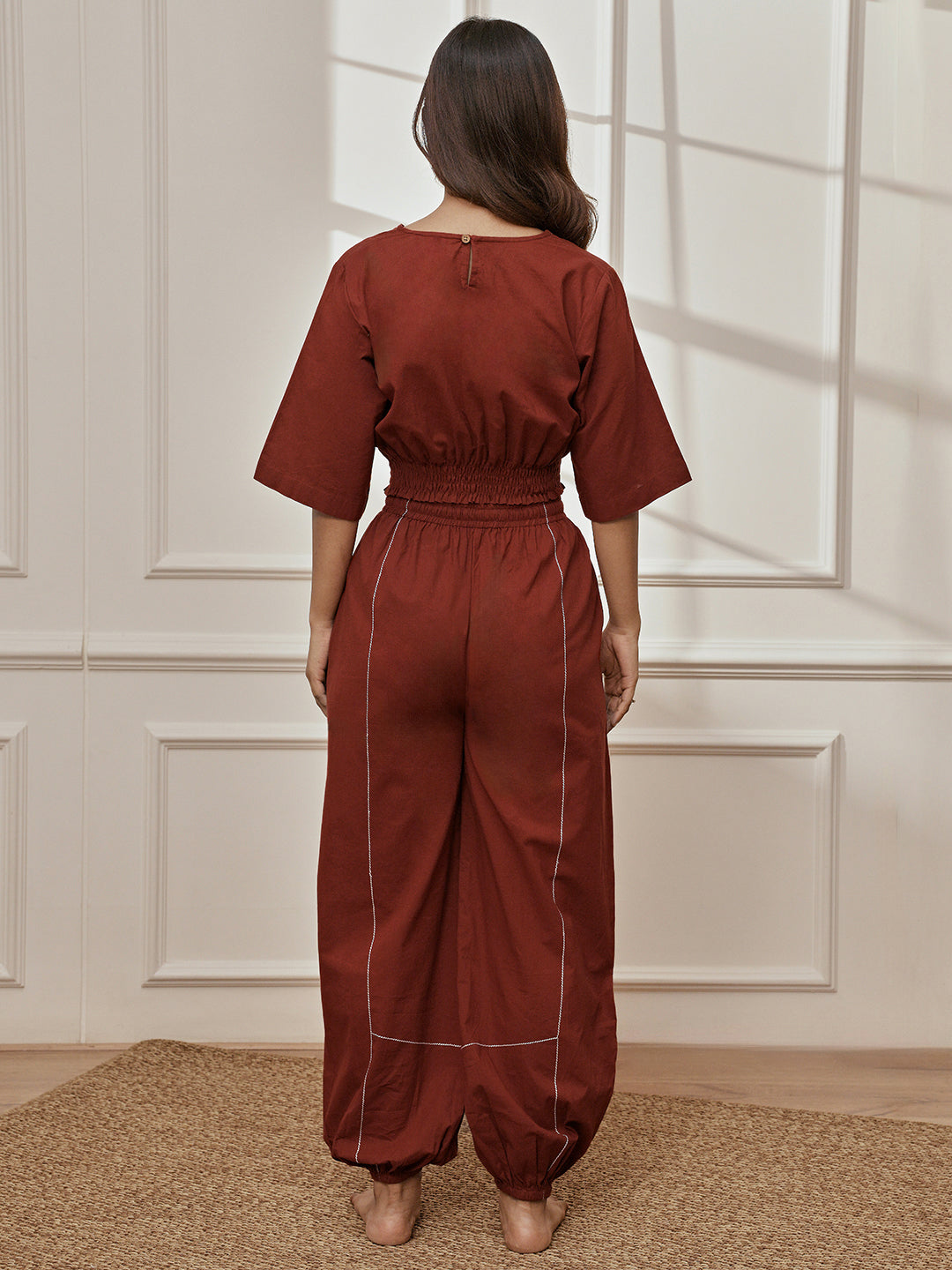 Women's Maroon Cambric Cotton Crop Top With Matching Joggers Yoga Set