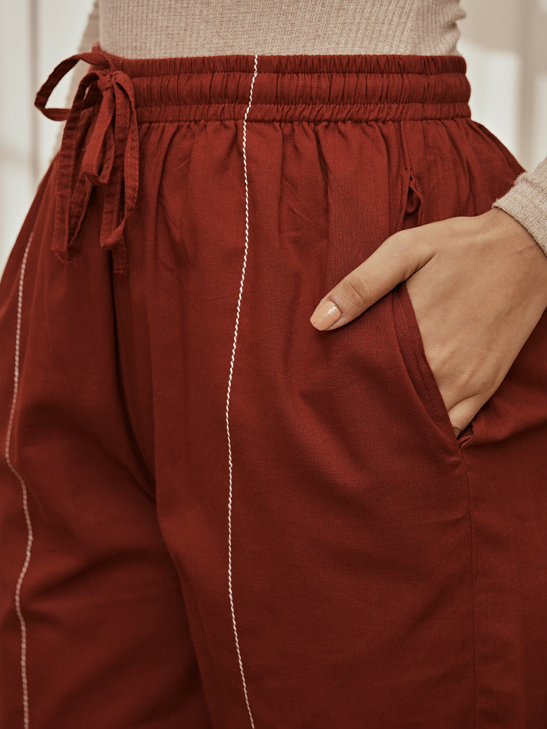 Women's Maroon Cambric Cotton Crop Top With Matching Joggers Yoga Set