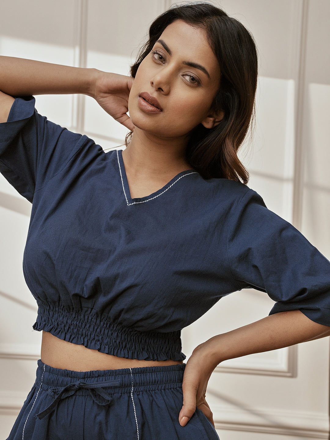 Women's Navy Blue Cambric Cotton Crop Top With Matching Joggers Yoga Set